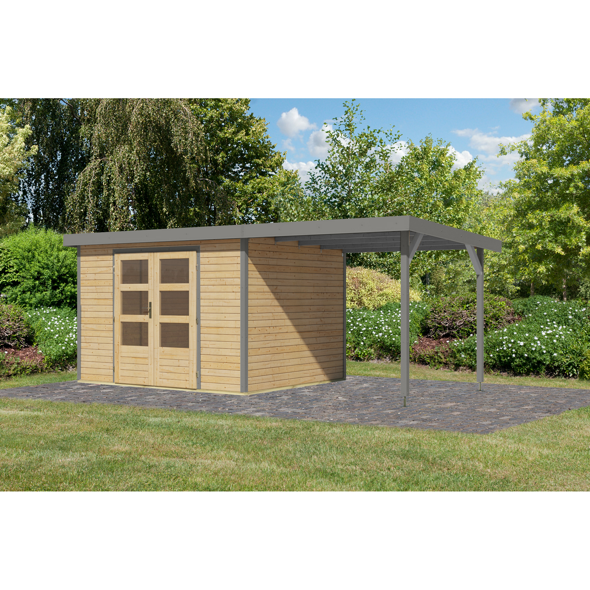 Gartenhaus-Set 'Komet 5 A' Fichtenholz naturbelassen / graualuminium mit Anbaudach 2,35 m breit 514,5 x 209 x 242,5 cm