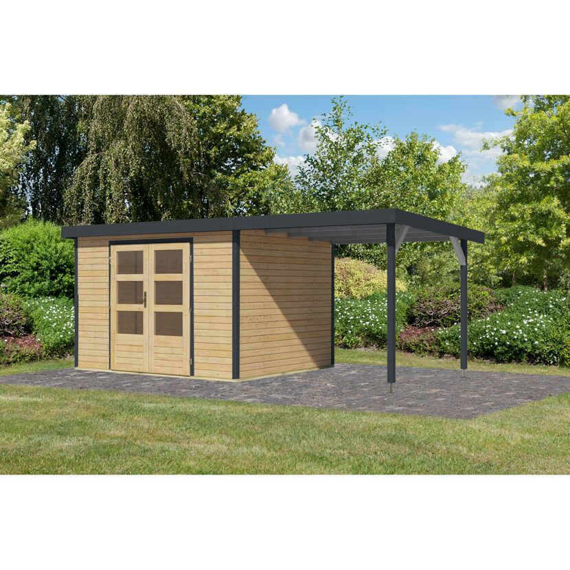 Gartenhaus-Set 'Komet 5 A' Fichtenholz naturbelassen / anthrazit mit Anbaudach 2,35 m breit 514,5 x 209 x 242,5 cm