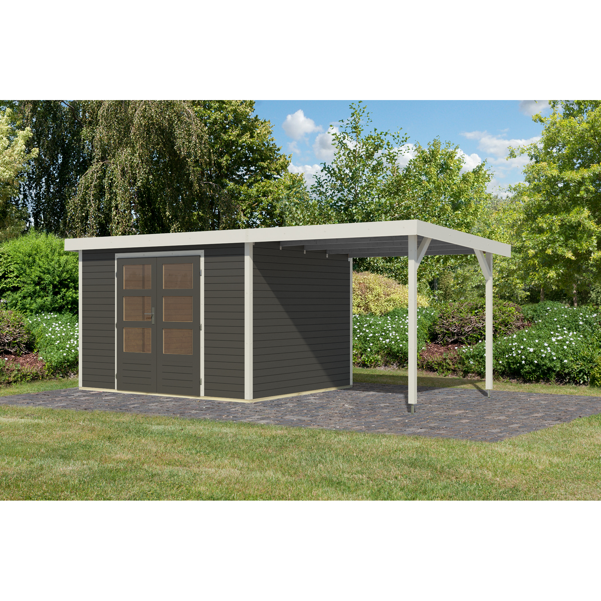 Gartenhaus-Set 'Komet 5 B' Fichtenholz terragrau / weiß mit Anbaudach 2,35 m breit 514,5 x 209 x 242,5 cm