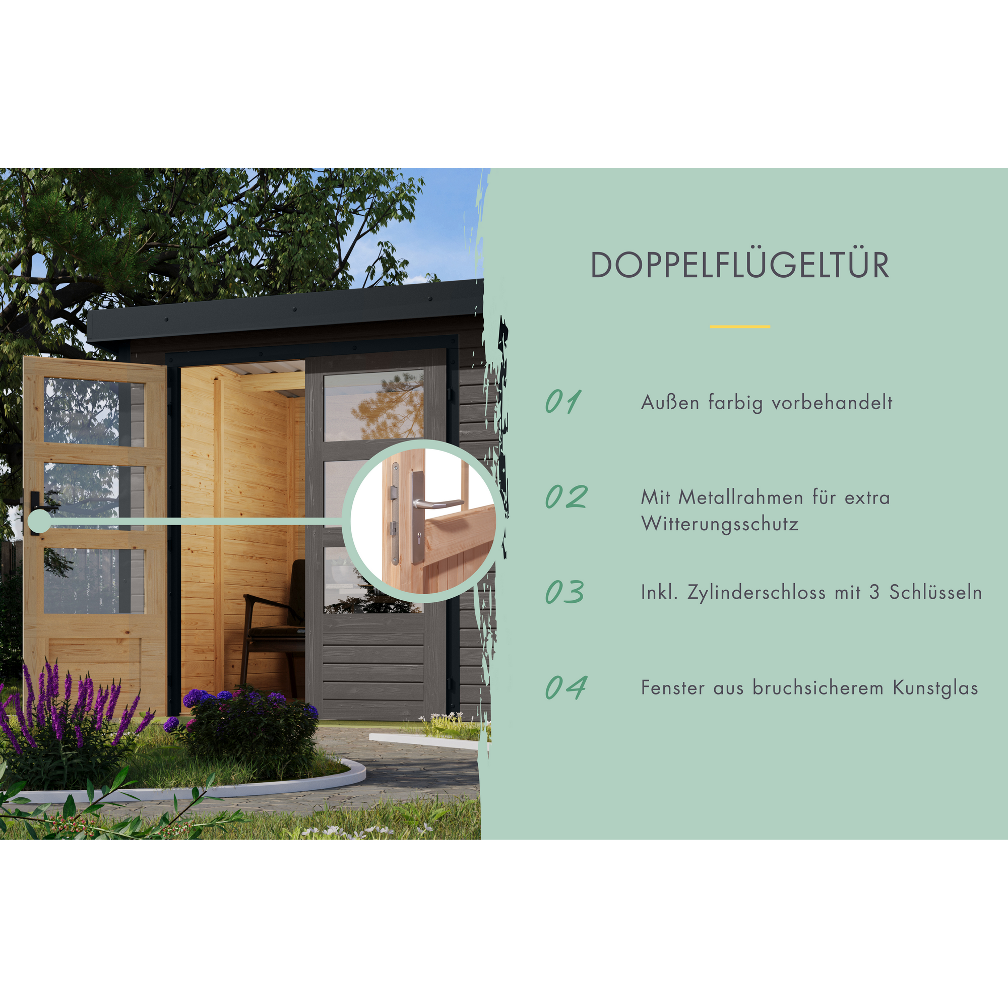 Gartenhaus-Set 'Komet 5 B' Fichtenholz terragrau / weiß mit Anbaudach 2,35 m breit 514,5 x 209 x 242,5 cm