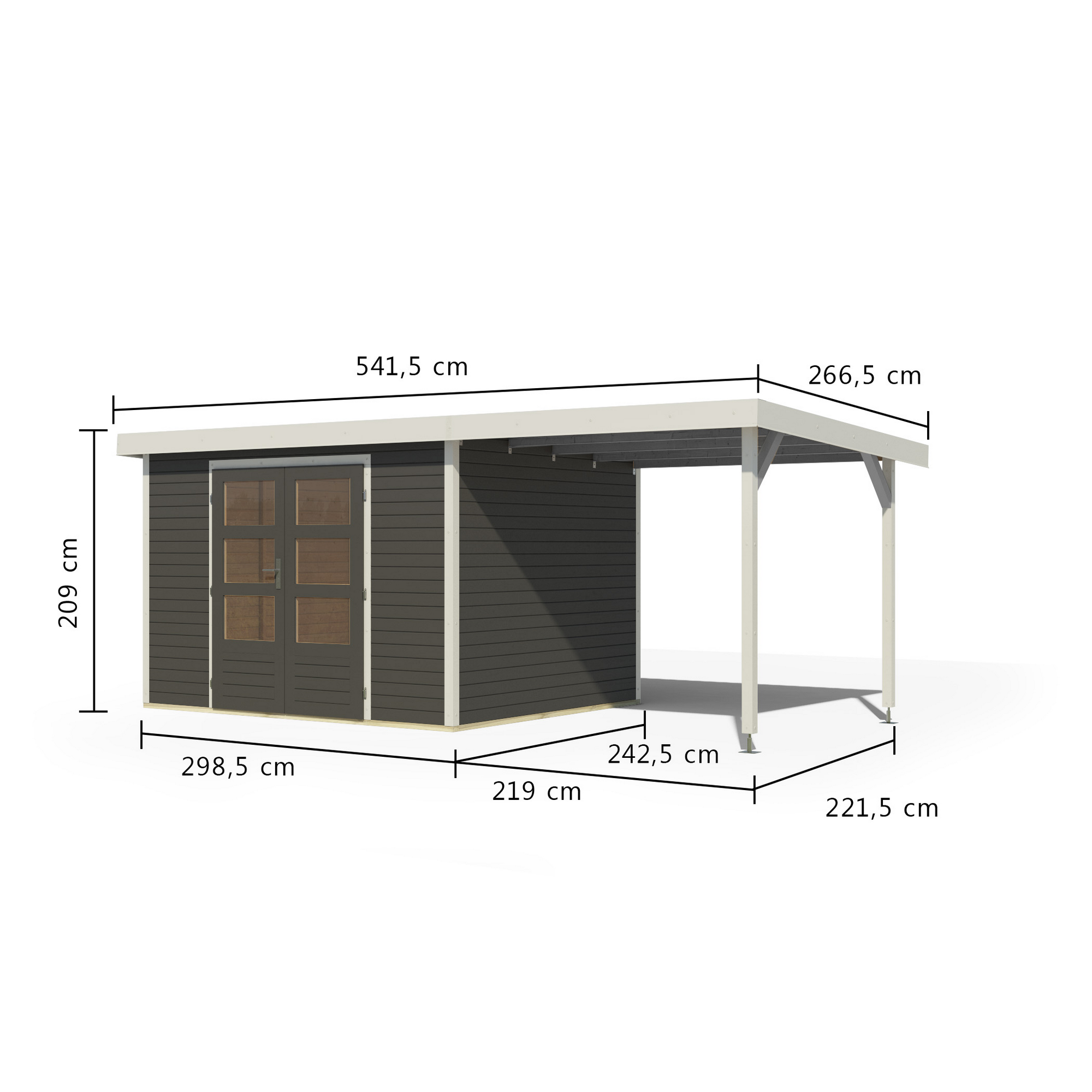 Gartenhaus-Set 'Komet 5 B' Fichtenholz terragrau / weiß mit Anbaudach 2,35 m breit 514,5 x 209 x 242,5 cm
