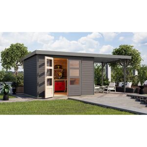 Gartenhaus-Set 'Komet 5 B' Fichtenholz terragrau / graualuminium mit Anbaudach 2,35 m breit 514,5 x 209 x 242,5 cm