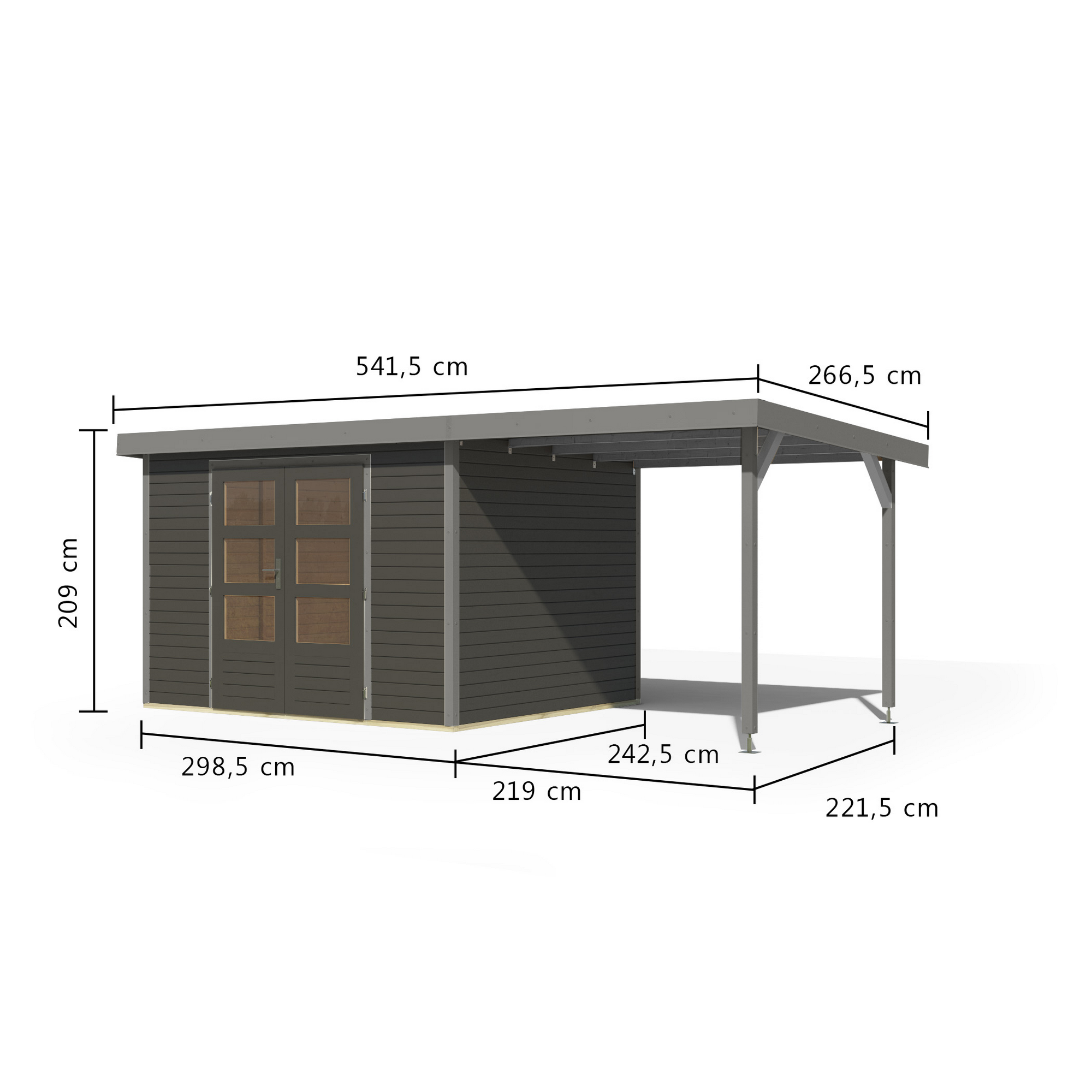 Gartenhaus-Set 'Komet 5 B' Fichtenholz terragrau / graualuminium mit Anbaudach 2,35 m breit 514,5 x 209 x 242,5 cm