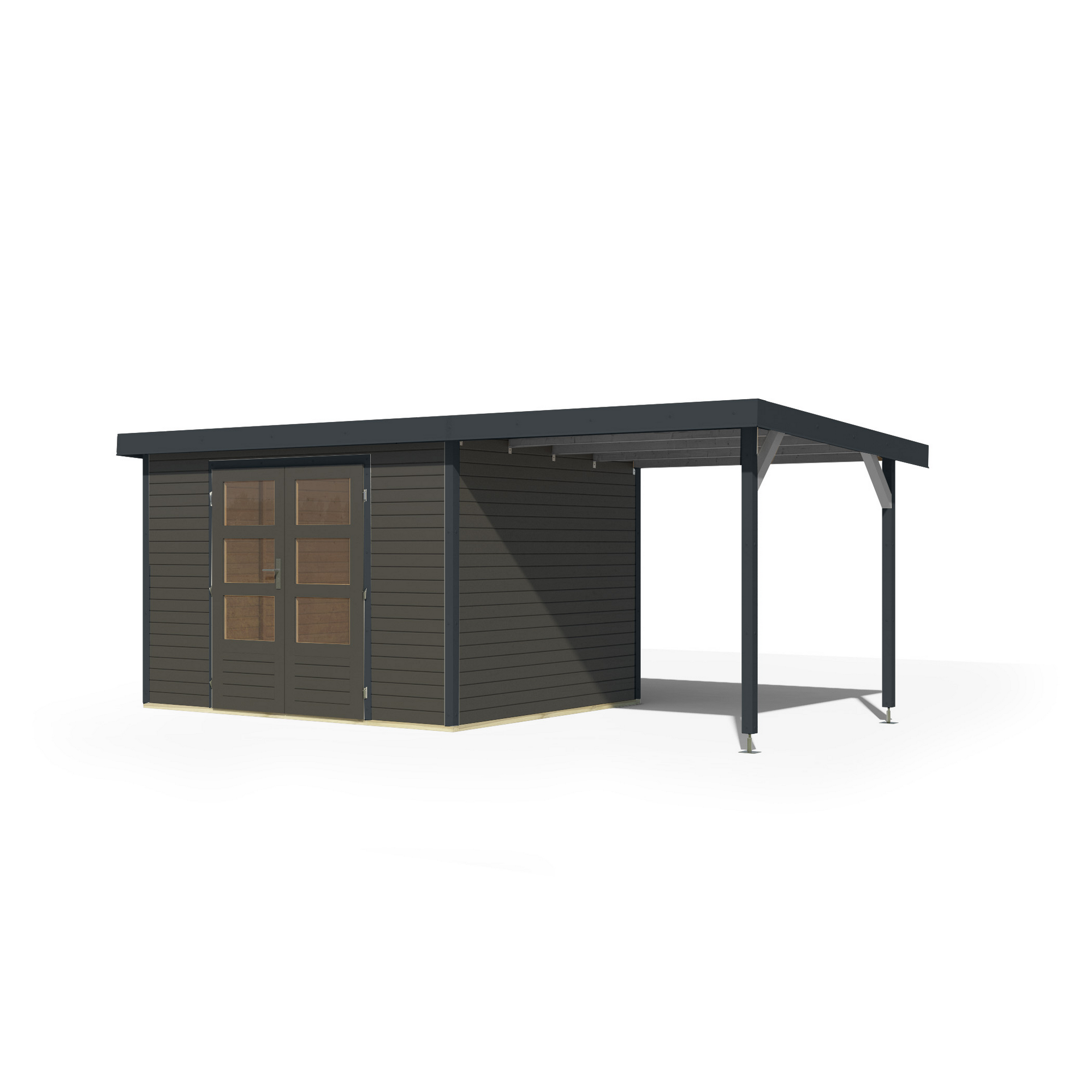 Gartenhaus-Set 'Komet 5 B' Fichtenholz terragrau / anthrazit mit Anbaudach 2,35 m breit 514,5 x 209 x 242,5 cm