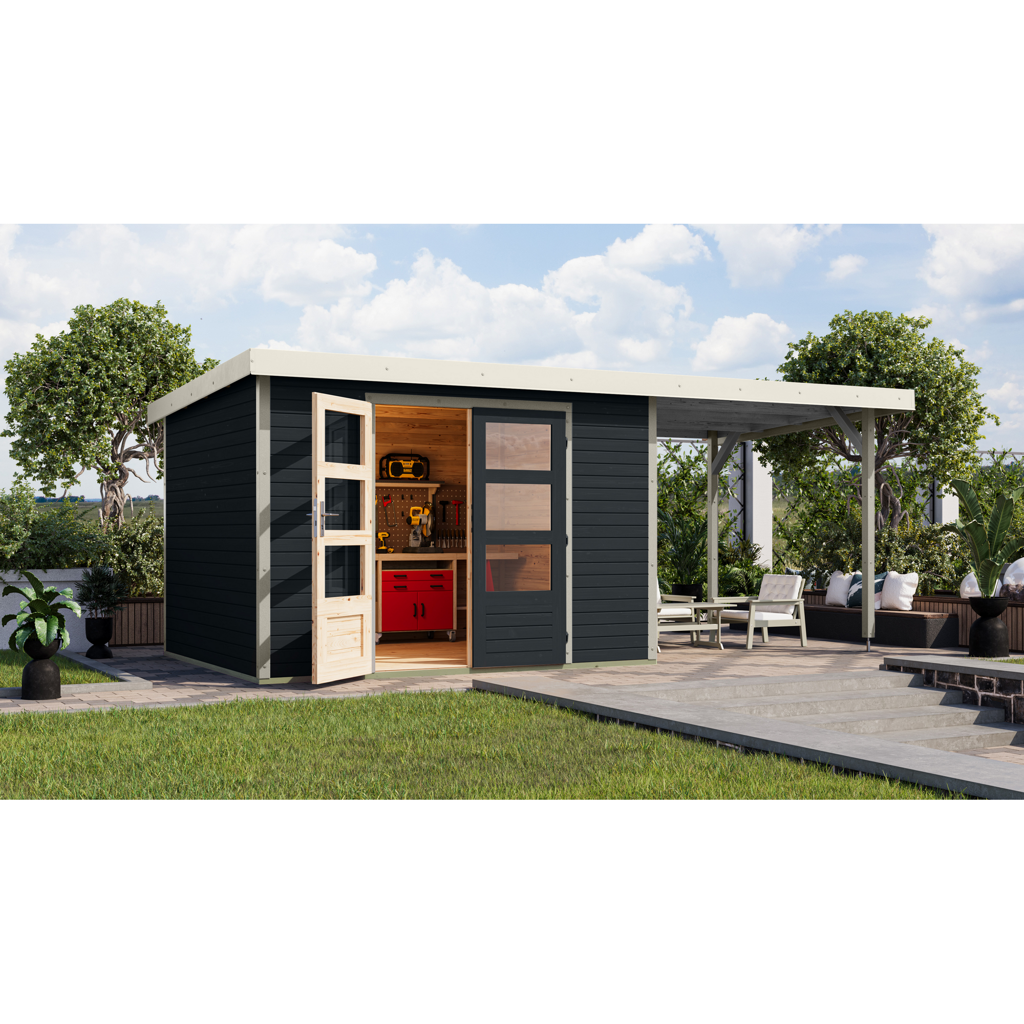 Gartenhaus-Set 'Komet 5 C' Fichtenholz anthrazit / weiß mit Anbaudach 2,35 m breit 514,5 x 209 x 242,5 cm