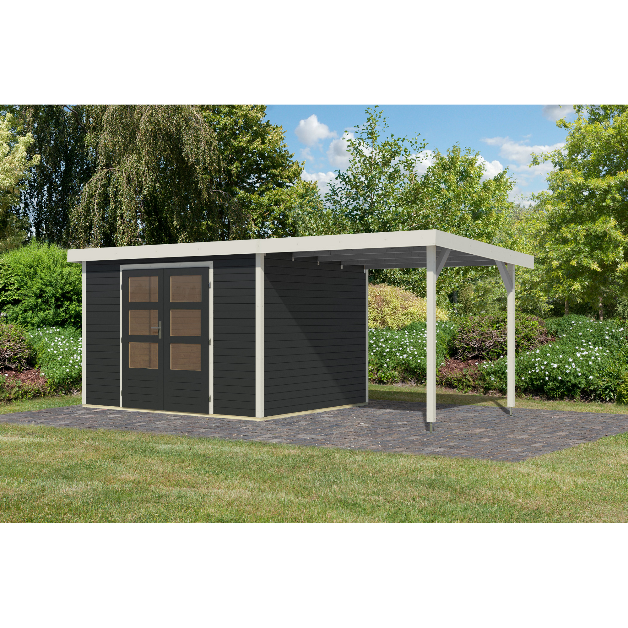 Gartenhaus-Set 'Komet 5 C' Fichtenholz anthrazit / weiß mit Anbaudach 2,35 m breit 514,5 x 209 x 242,5 cm