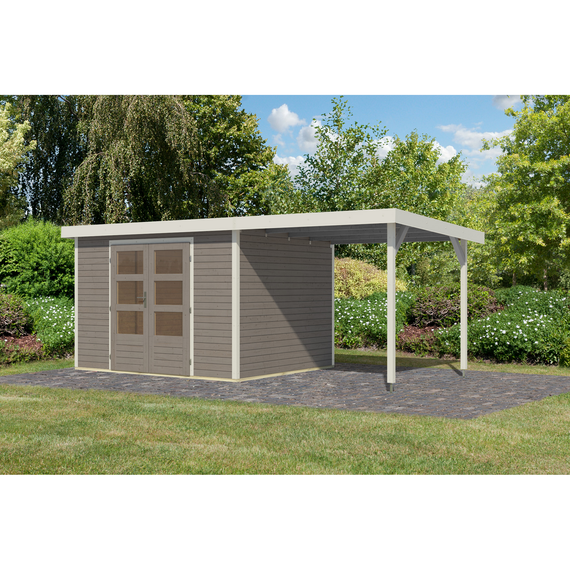 Gartenhaus-Set 'Komet 5 D' Fichtenholz wassergrau / weiß mit Anbaudach 2,35 m breit 514,5 x 209 x 242,5 cm