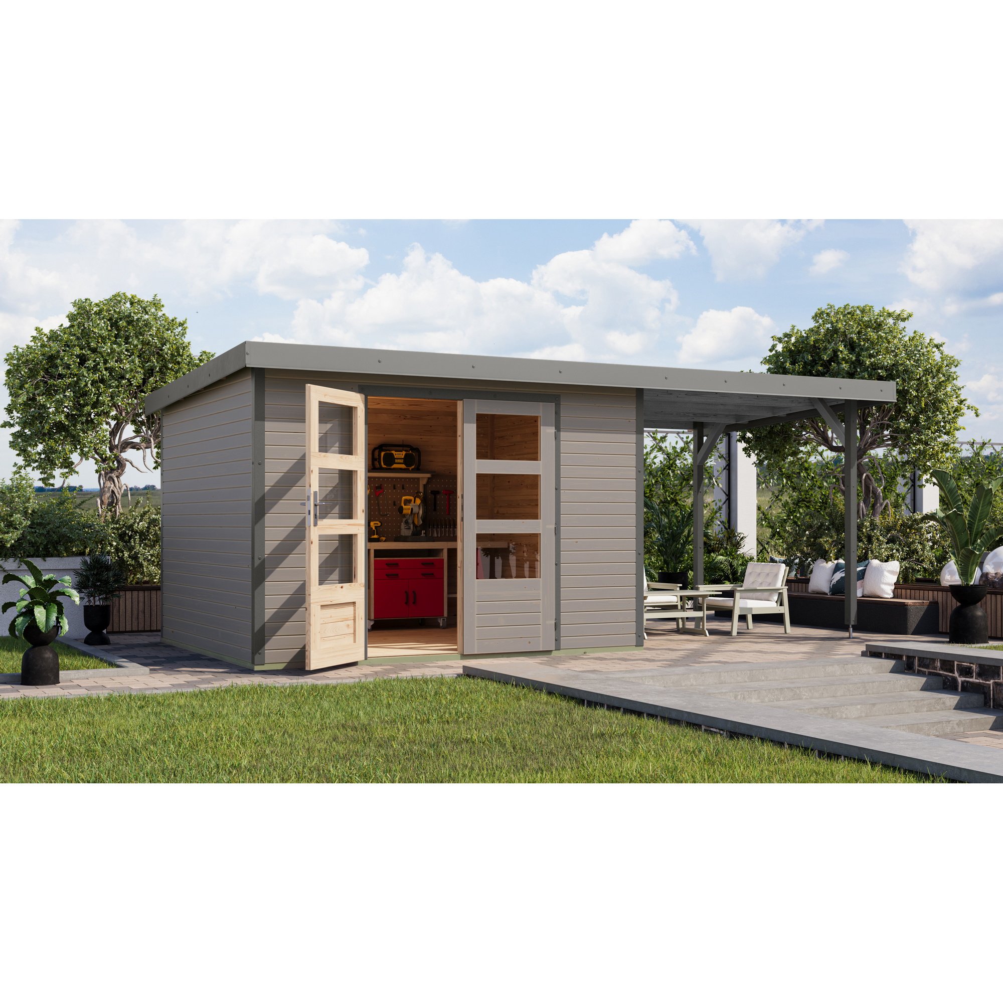 Gartenhaus-Set 'Komet 5 D' Fichtenholz wassergrau / graualuminium mit Anbaudach 2,35 m breit 514,5 x 209 x 242,5 cm