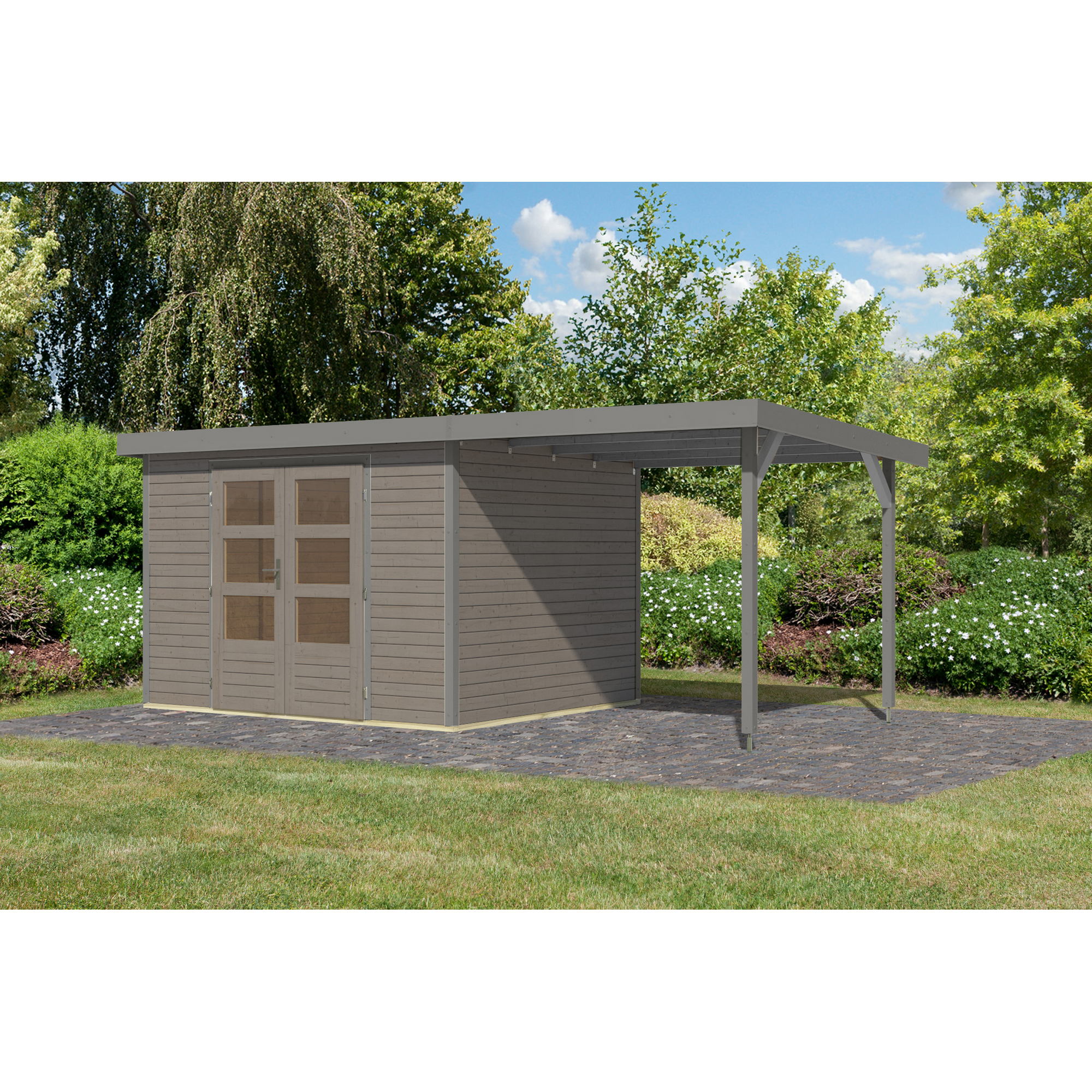 Gartenhaus-Set 'Komet 5 D' Fichtenholz wassergrau / graualuminium mit Anbaudach 2,35 m breit 514,5 x 209 x 242,5 cm