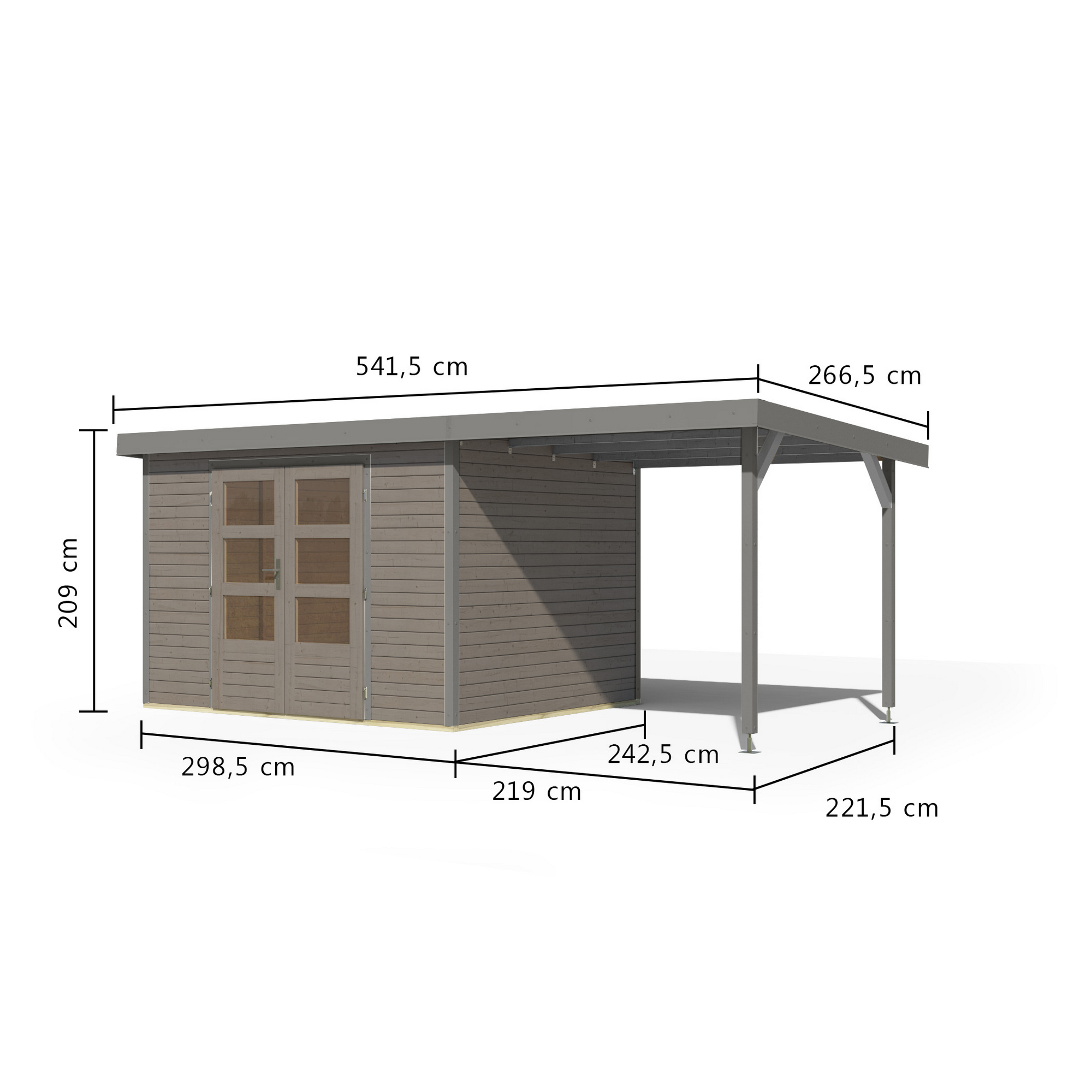 Gartenhaus-Set 'Komet 5 D' Fichtenholz wassergrau / graualuminium mit Anbaudach 2,35 m breit 514,5 x 209 x 242,5 cm