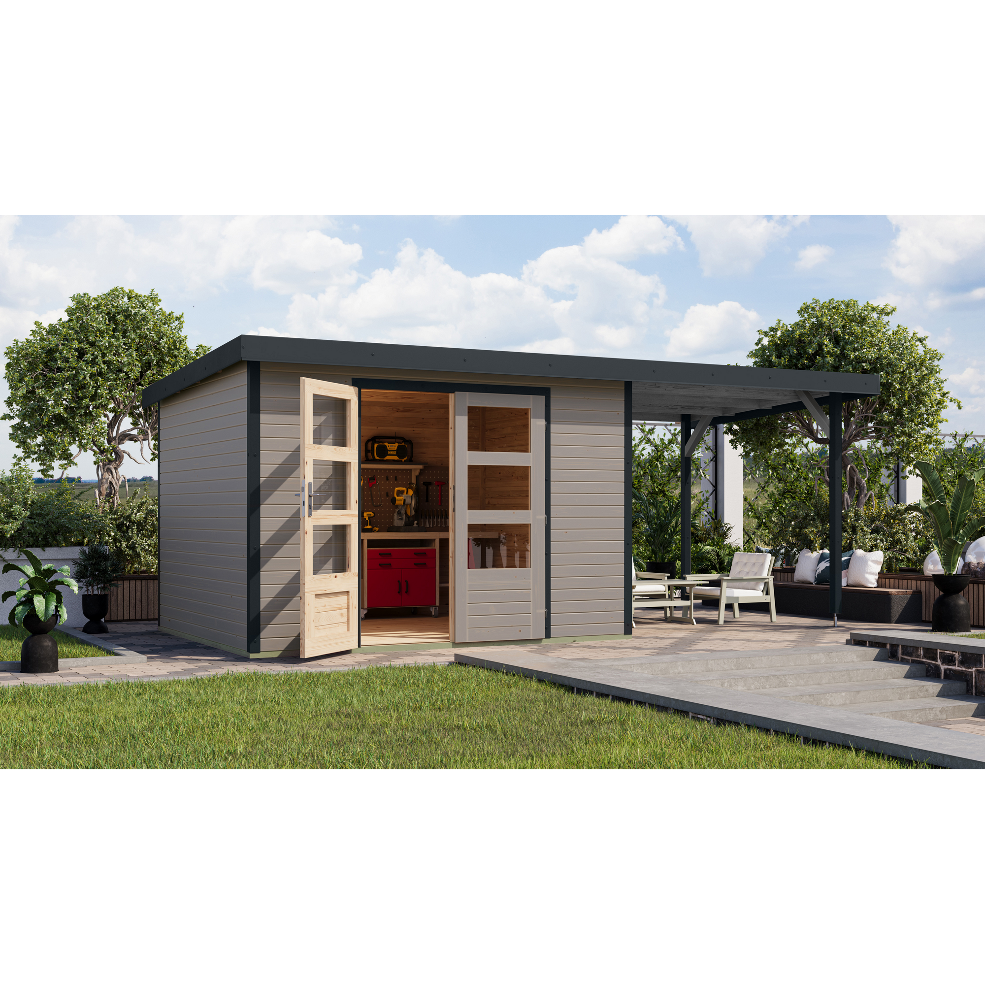 Gartenhaus-Set 'Komet 5 D' Fichtenholz wassergrau / anthrazit mit Anbaudach 2,35 m breit 514,5 x 209 x 242,5 cm