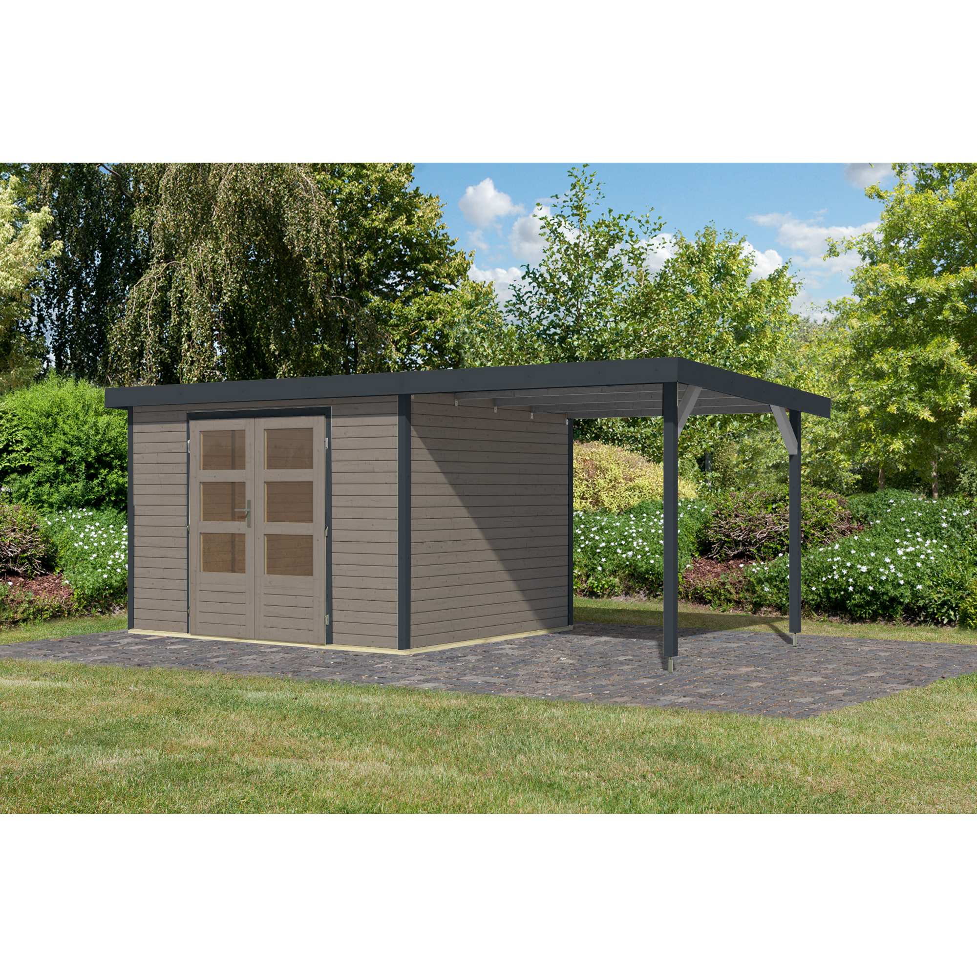 Gartenhaus-Set 'Komet 5 D' Fichtenholz wassergrau / anthrazit mit Anbaudach 2,35 m breit 514,5 x 209 x 242,5 cm