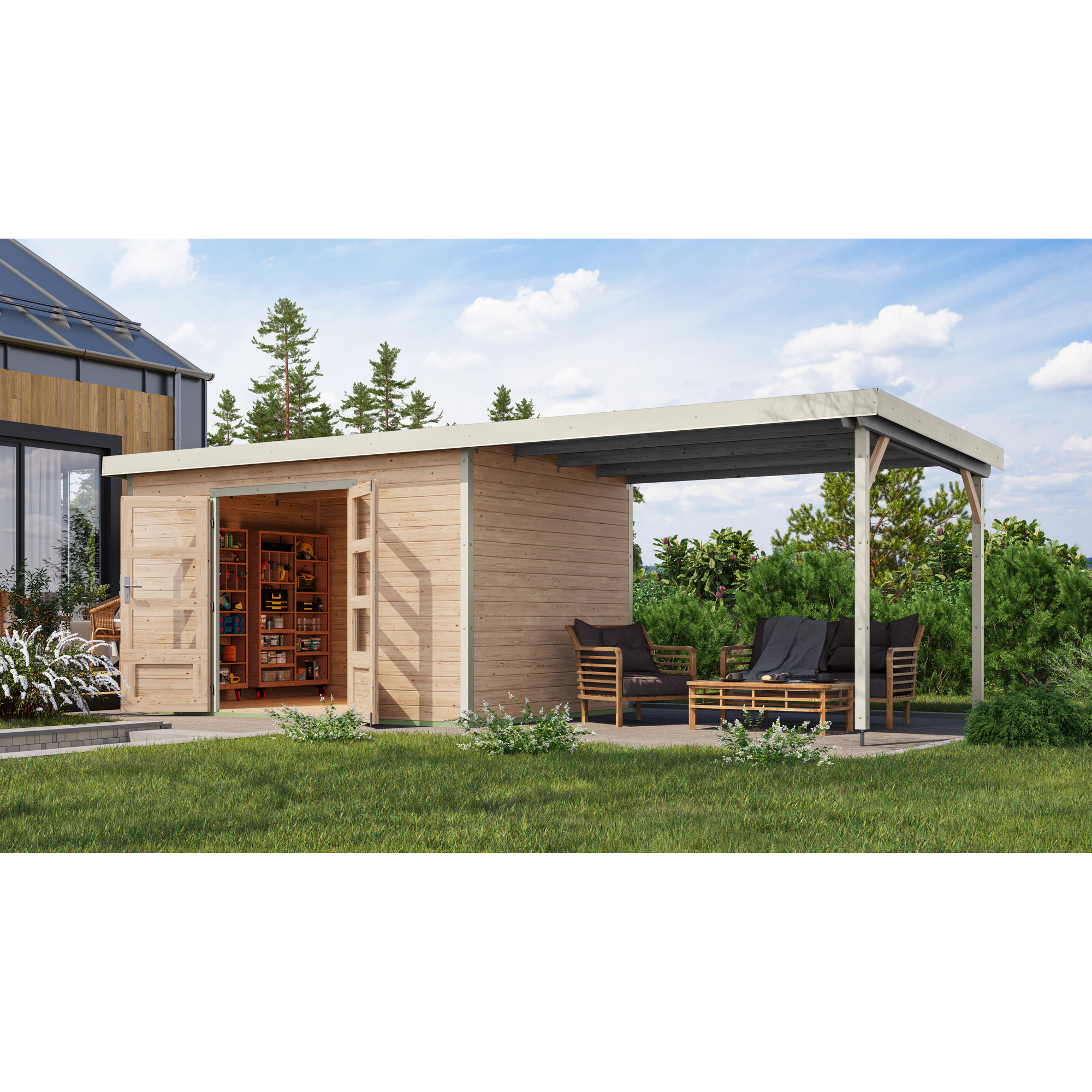 Gartenhaus-Set 'Meteor 7 A' Fichtenholz naturbelassen / weiß mit Anbaudach ca. 3 m breit 663,5 x 219 x 240,5 cm