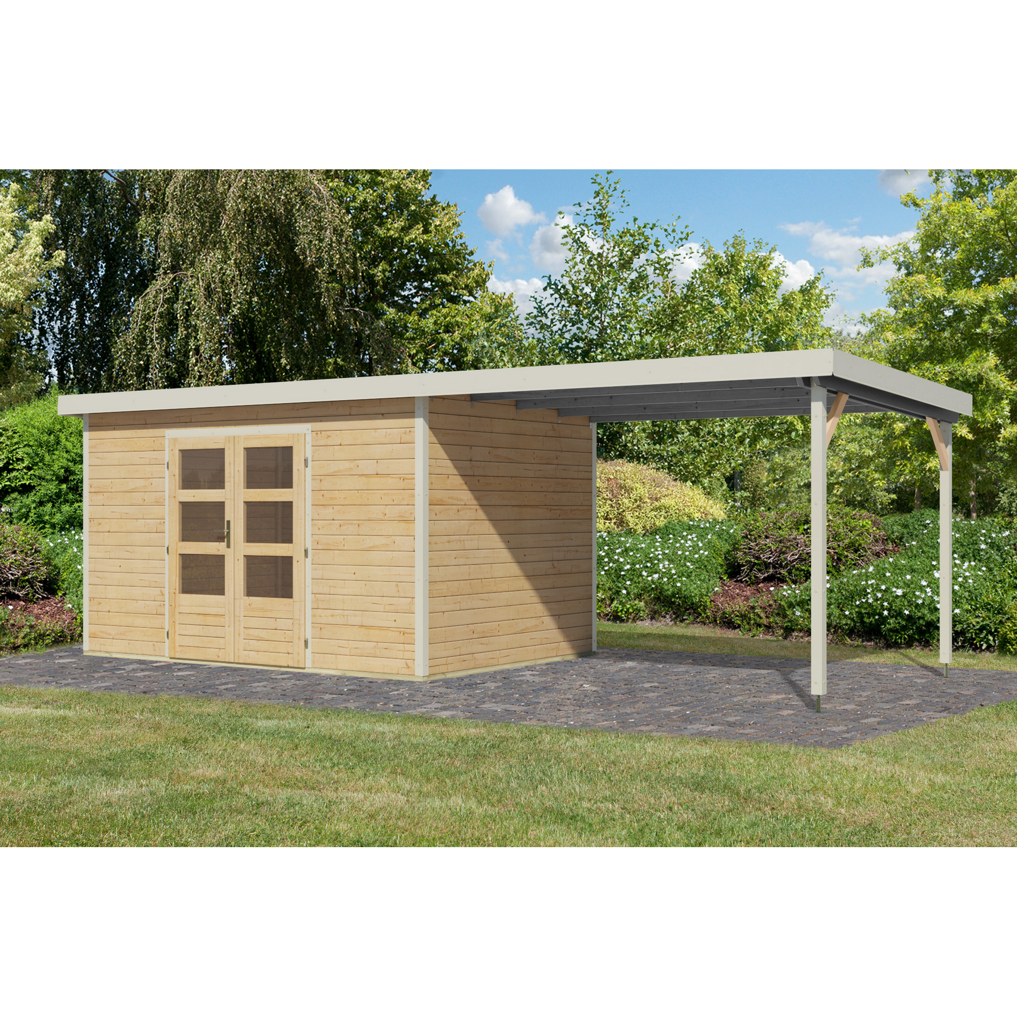 Gartenhaus-Set 'Meteor 7 A' Fichtenholz naturbelassen / weiß mit Anbaudach ca. 3 m breit 663,5 x 219 x 240,5 cm