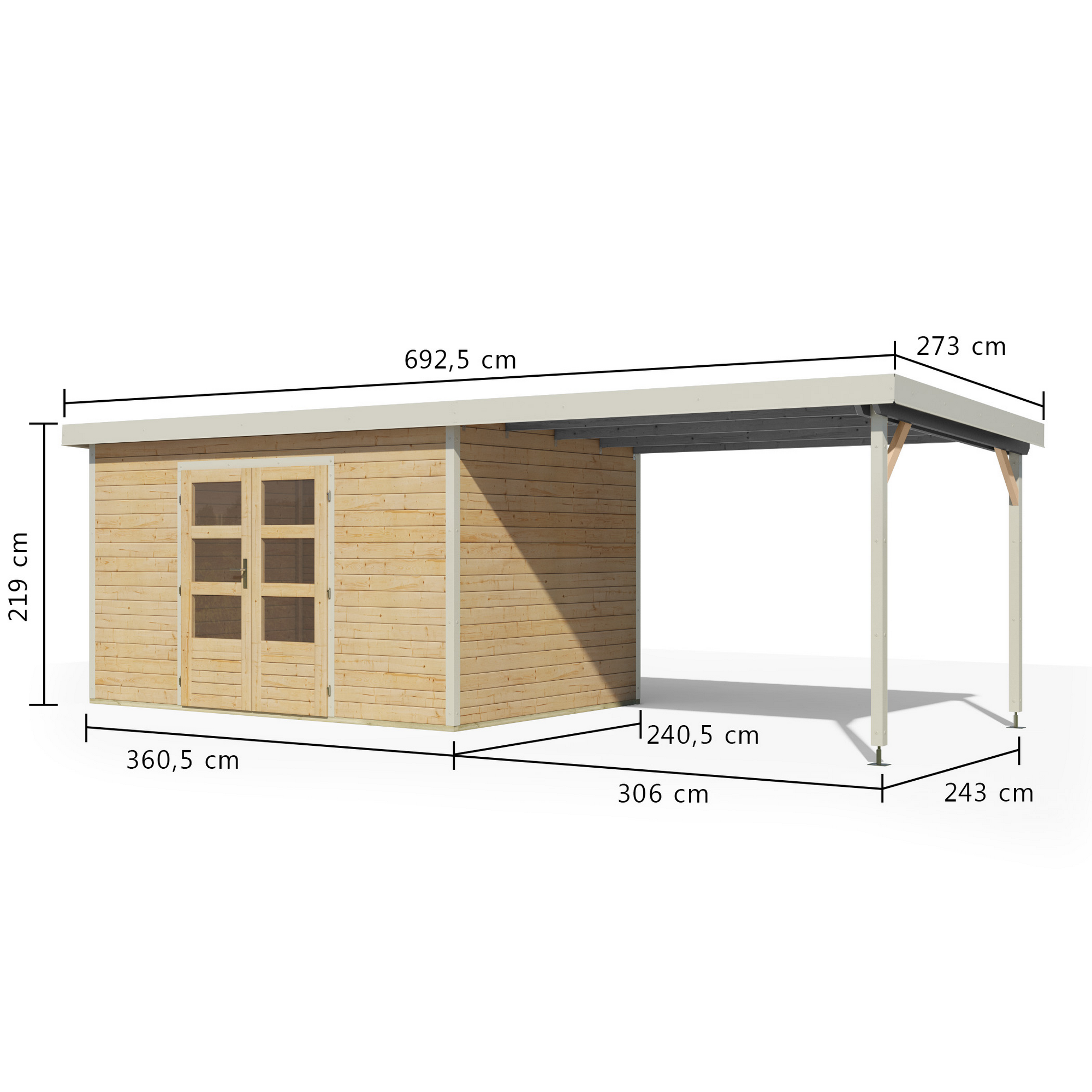 Gartenhaus-Set 'Meteor 7 A' Fichtenholz naturbelassen / weiß mit Anbaudach ca. 3 m breit 663,5 x 219 x 240,5 cm