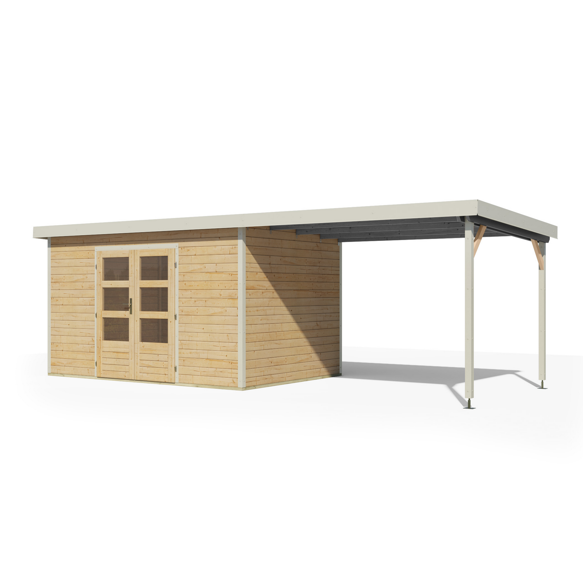 Gartenhaus-Set 'Meteor 7 A' Fichtenholz naturbelassen / weiß mit Anbaudach ca. 3 m breit 663,5 x 219 x 240,5 cm