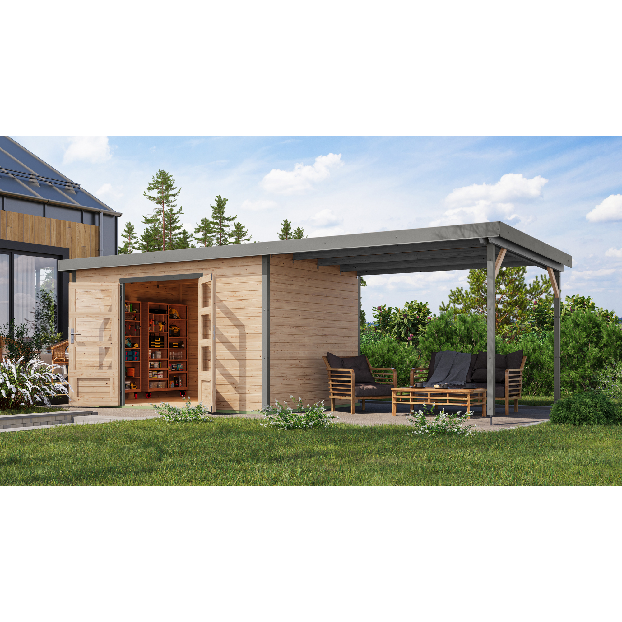 Gartenhaus-Set 'Meteor 7 A' Fichtenholz naturbelassen / graualuminium mit Anbaudach ca. 3 m breit 663,5 x 219 x 240,5 cm