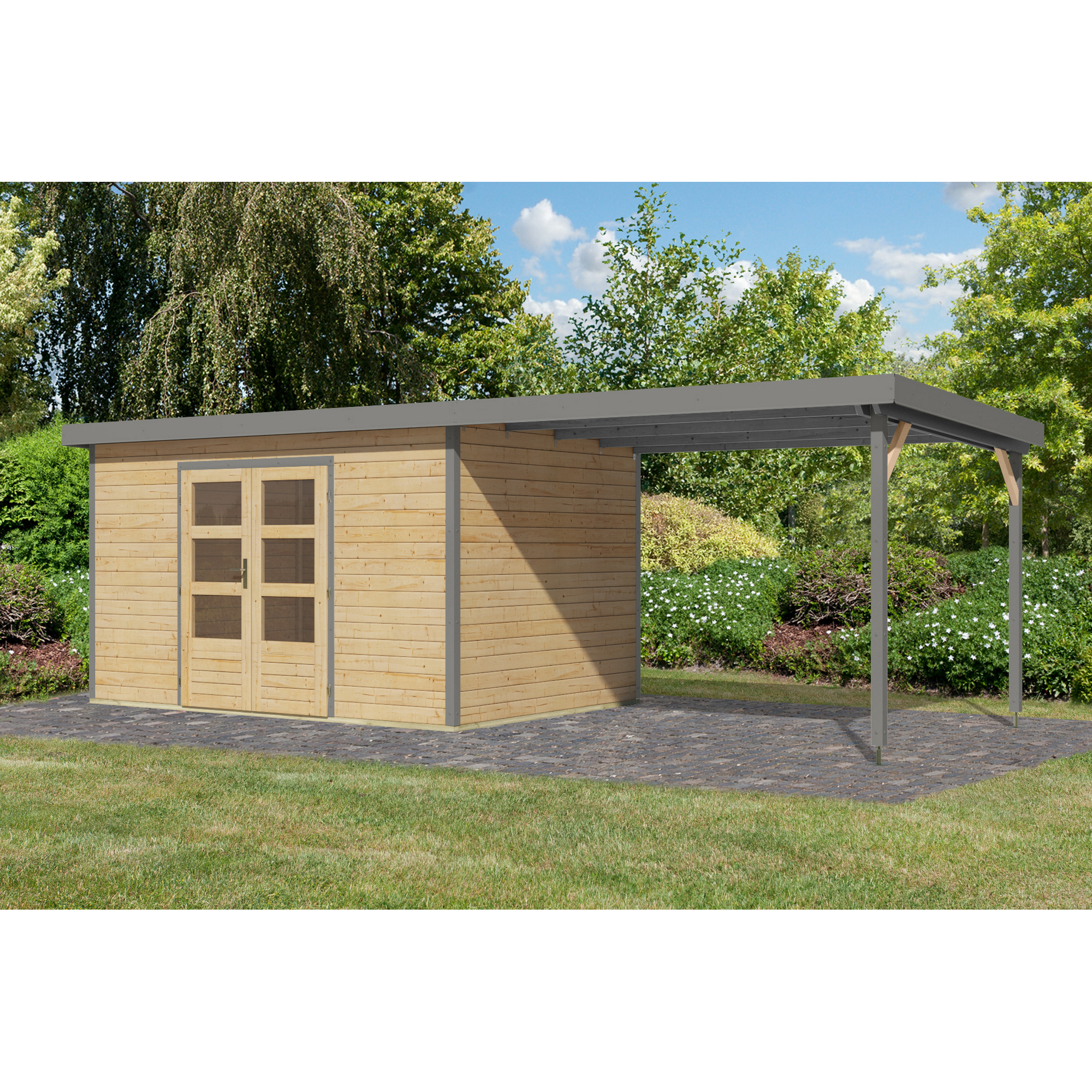 Gartenhaus-Set 'Meteor 7 A' Fichtenholz naturbelassen / graualuminium mit Anbaudach ca. 3 m breit 663,5 x 219 x 240,5 cm