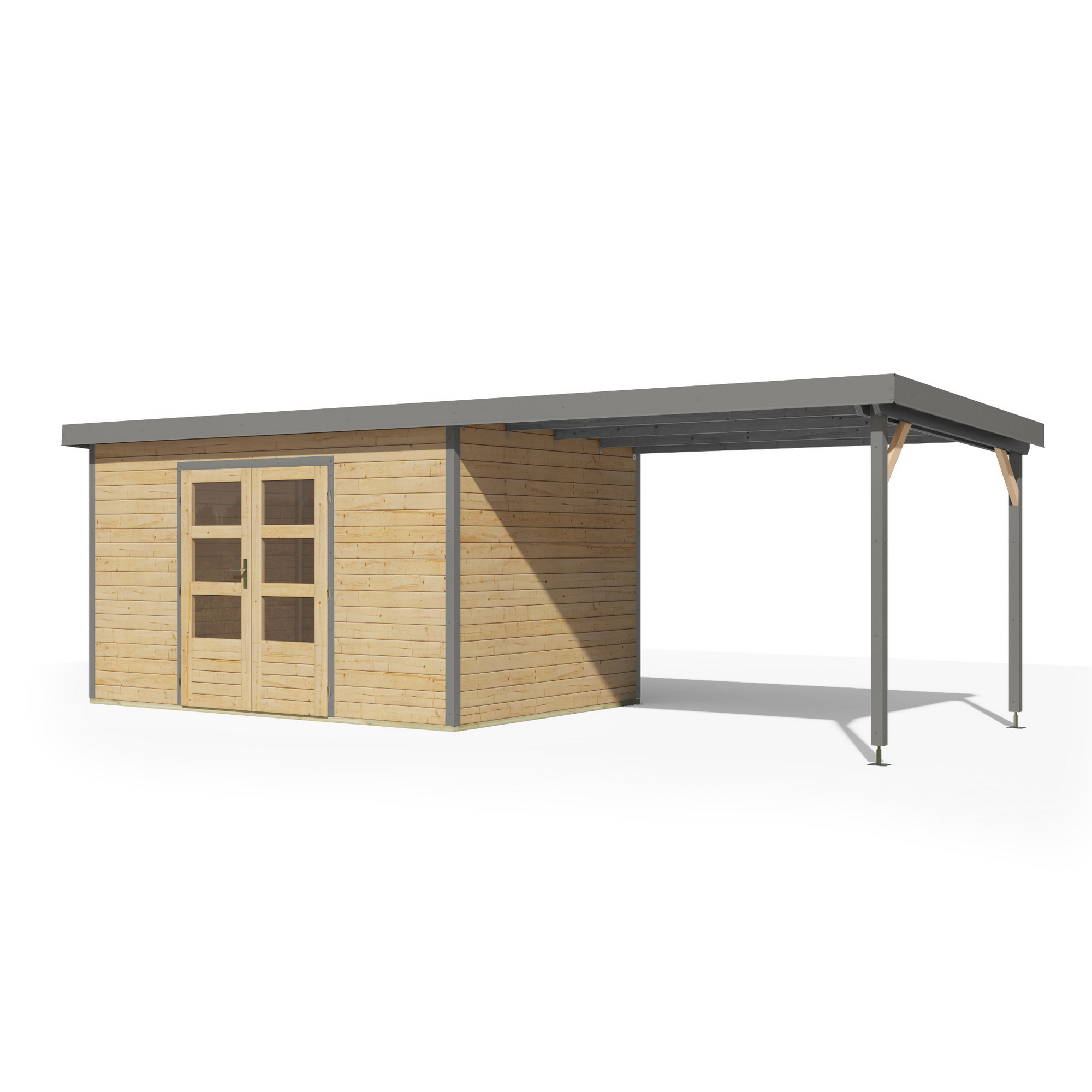 Gartenhaus-Set 'Meteor 7 A' Fichtenholz naturbelassen / graualuminium mit Anbaudach ca. 3 m breit 663,5 x 219 x 240,5 cm