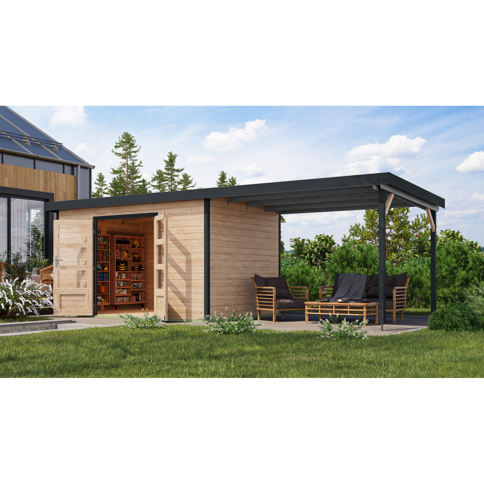 Gartenhaus-Set 'Meteor 7 A' Fichtenholz naturbelassen / anthrazit mit Anbaudach ca. 3 m breit 663,5 x 219 x 240,5 cm