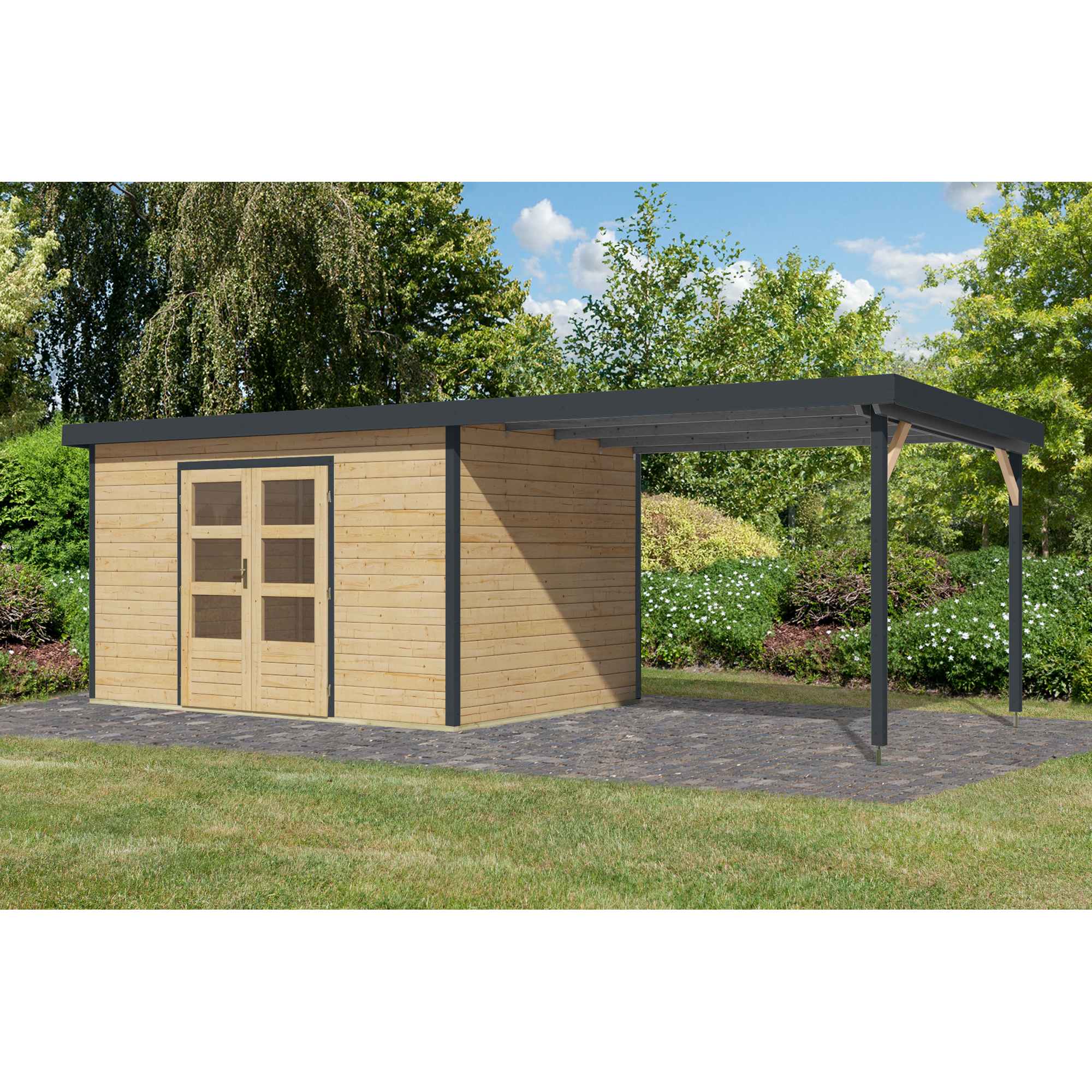 Gartenhaus-Set 'Meteor 7 A' Fichtenholz naturbelassen / anthrazit mit Anbaudach ca. 3 m breit 663,5 x 219 x 240,5 cm