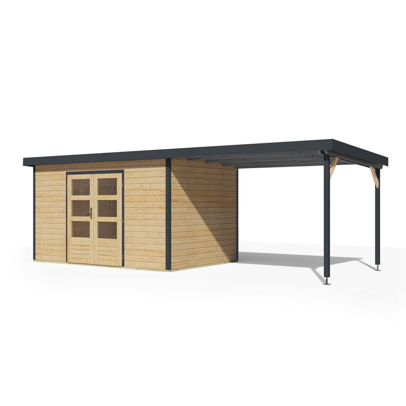 Gartenhaus-Set 'Meteor 7 A' Fichtenholz naturbelassen / anthrazit mit Anbaudach ca. 3 m breit 663,5 x 219 x 240,5 cm