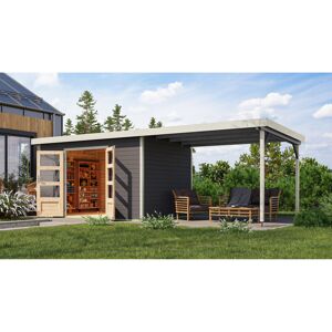 Gartenhaus-Set 'Meteor 7 B' Fichtenholz terragrau / weiß mit Anbaudach ca. 3 m breit 663,5 x 219 x 240,5 cm