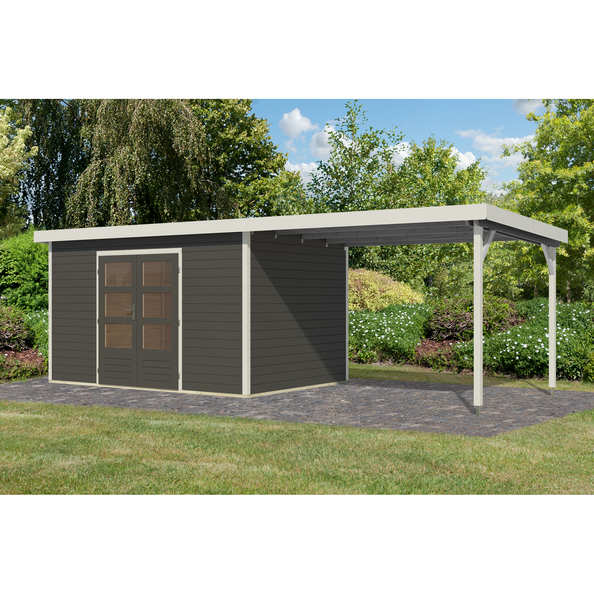 Gartenhaus-Set 'Meteor 7 B' Fichtenholz terragrau / weiß mit Anbaudach ca. 3 m breit 663,5 x 219 x 240,5 cm