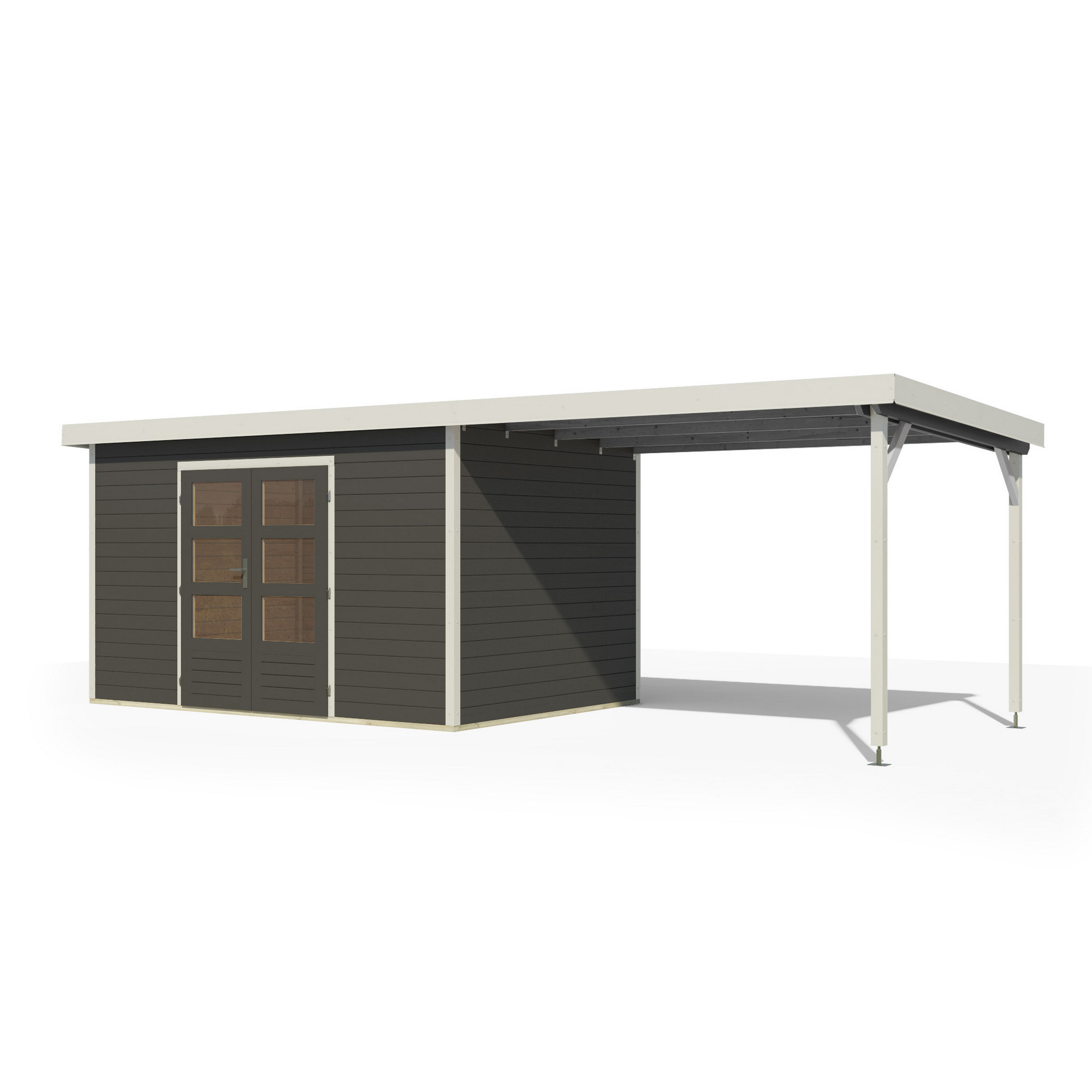 Gartenhaus-Set 'Meteor 7 B' Fichtenholz terragrau / weiß mit Anbaudach ca. 3 m breit 663,5 x 219 x 240,5 cm