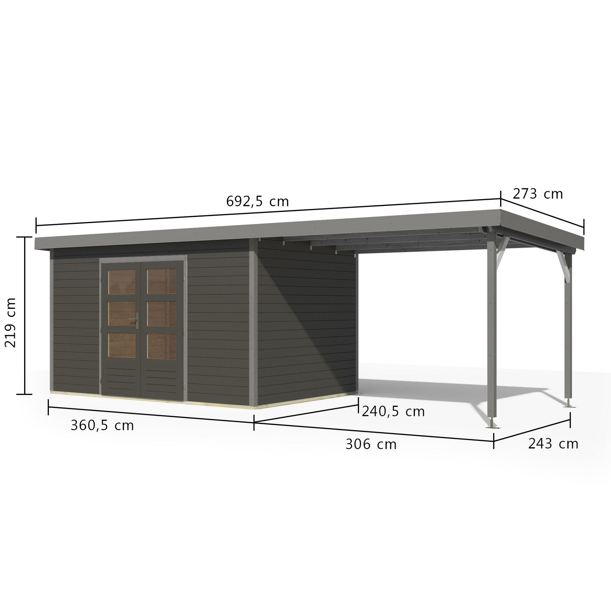 Gartenhaus-Set 'Meteor 7 B' Fichtenholz terragrau / graualuminium mit Anbaudach ca. 3 m breit 663,5 x 219 x 240,5 cm