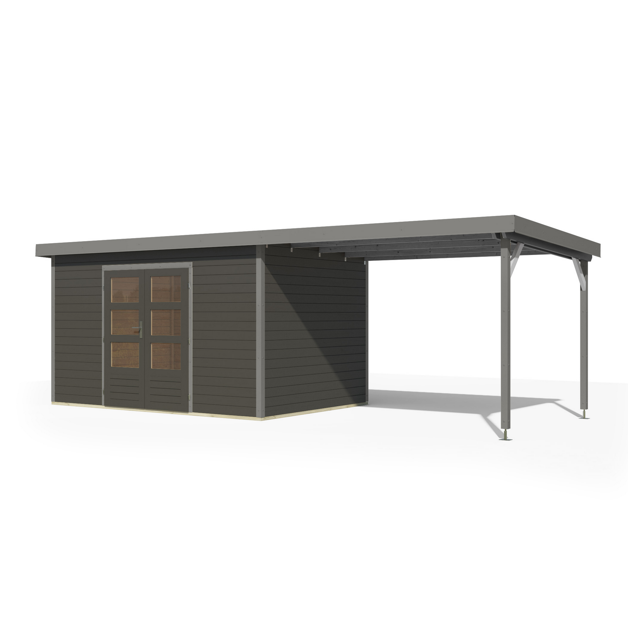 Gartenhaus-Set 'Meteor 7 B' Fichtenholz terragrau / graualuminium mit Anbaudach ca. 3 m breit 663,5 x 219 x 240,5 cm