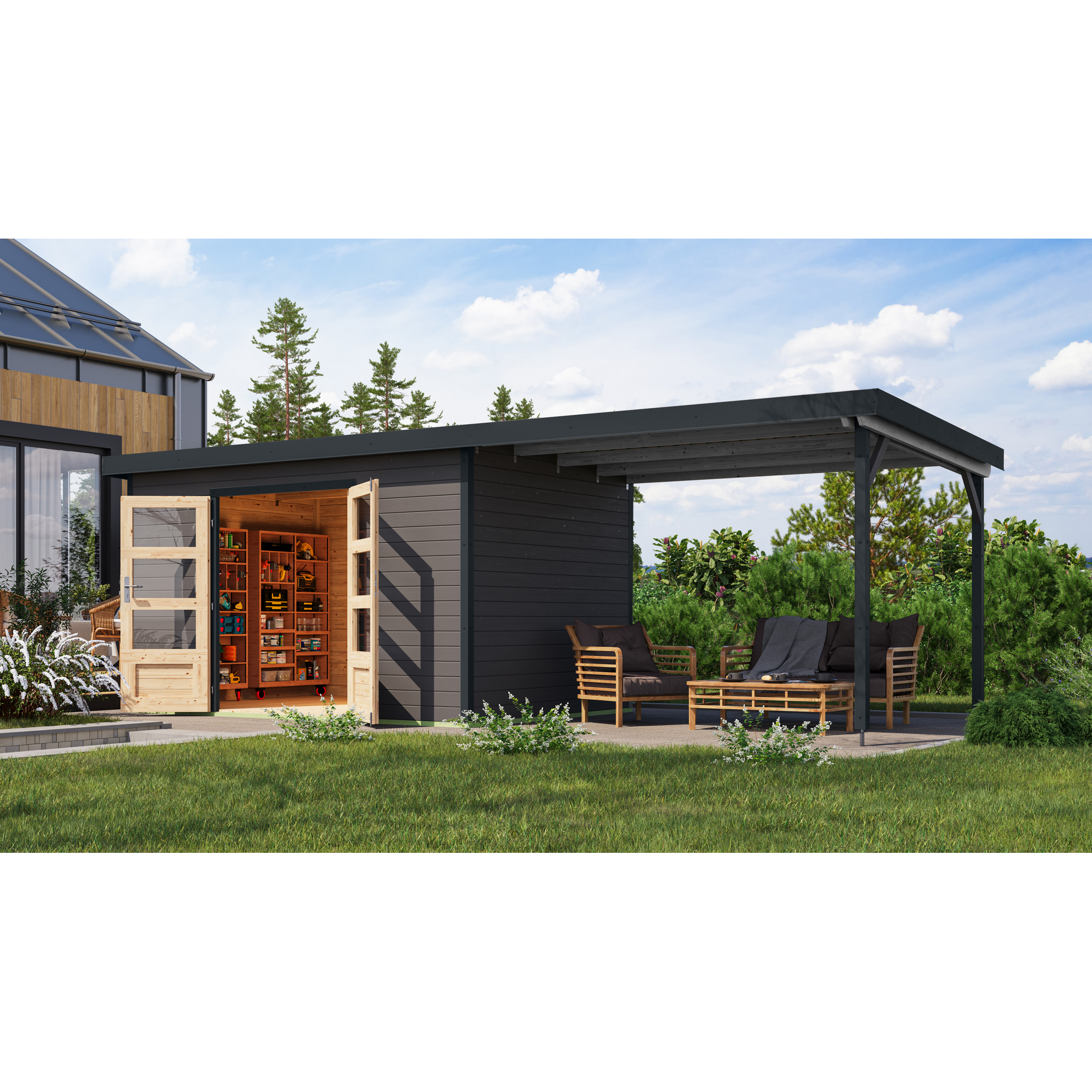 Gartenhaus-Set 'Meteor 7 B' Fichtenholz terragrau / anthrazit mit Anbaudach ca. 3 m breit 663,5 x 219 x 240,5 cm