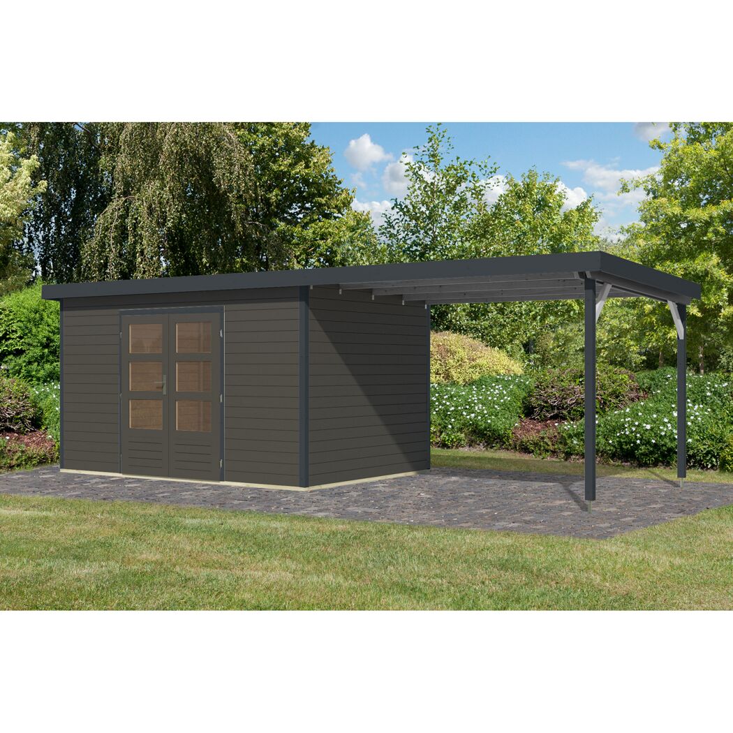 Gartenhaus-Set 'Meteor 7 B' Fichtenholz terragrau / anthrazit mit Anbaudach ca. 3 m breit 663,5 x 219 x 240,5 cm