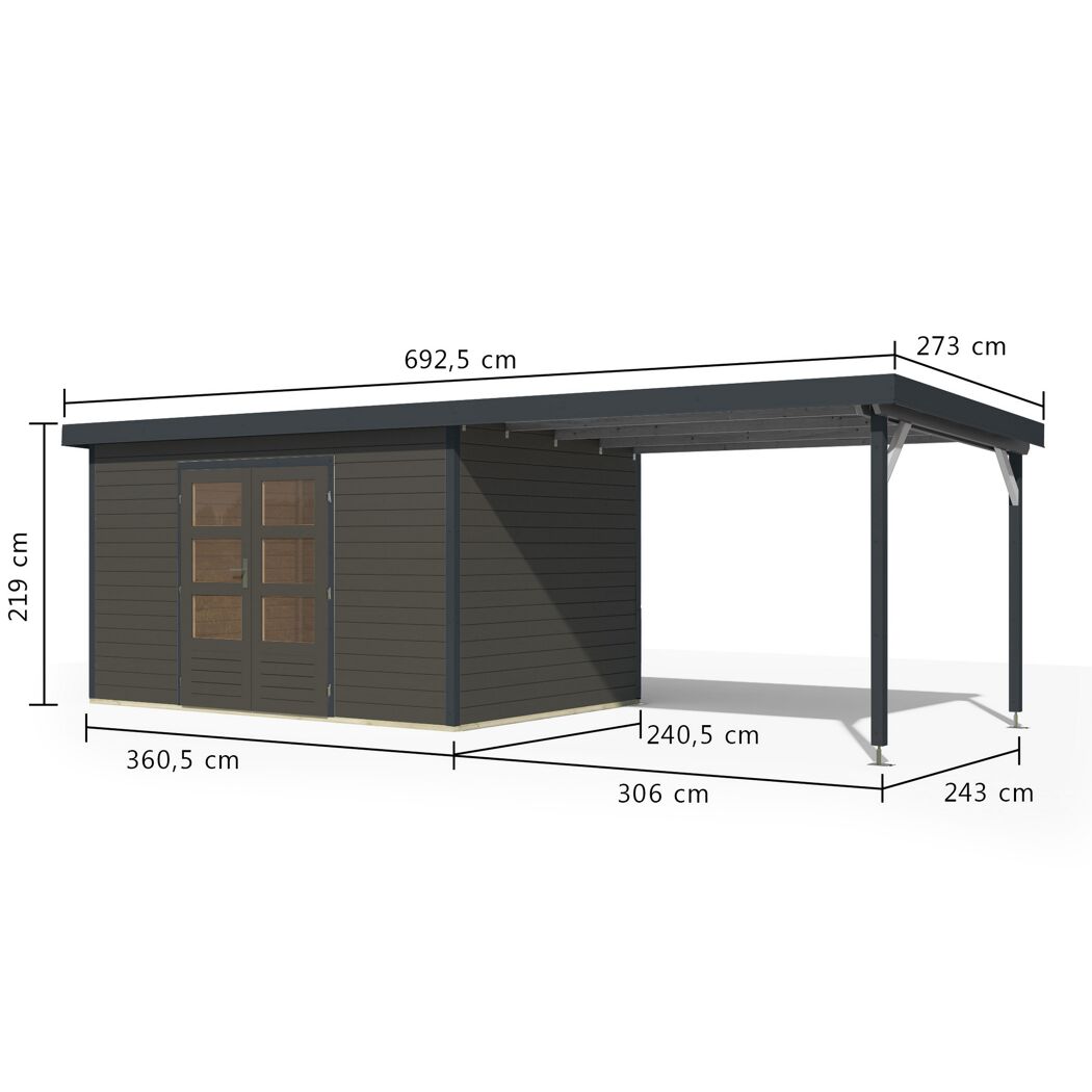 Gartenhaus-Set 'Meteor 7 B' Fichtenholz terragrau / anthrazit mit Anbaudach ca. 3 m breit 663,5 x 219 x 240,5 cm