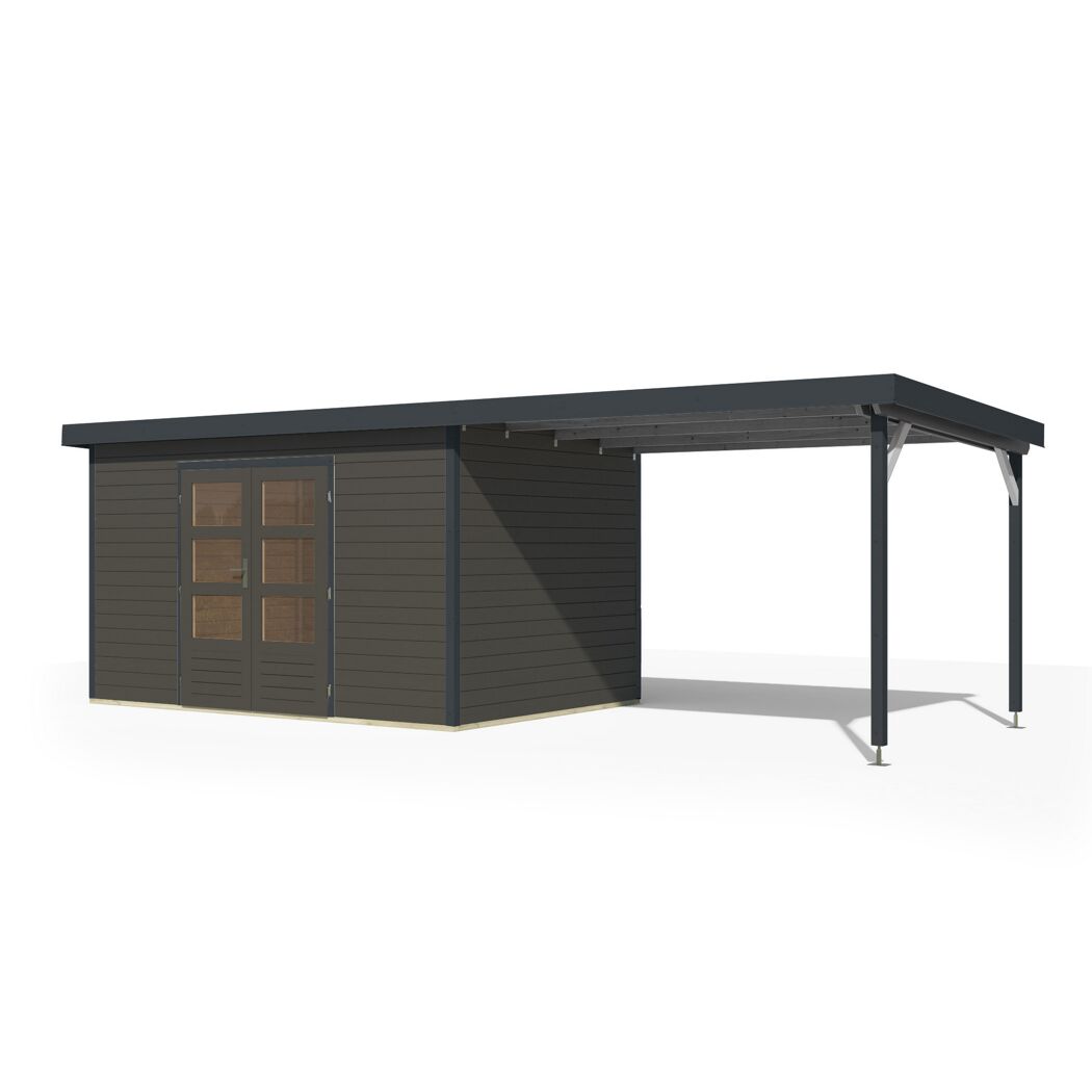 Gartenhaus-Set 'Meteor 7 B' Fichtenholz terragrau / anthrazit mit Anbaudach ca. 3 m breit 663,5 x 219 x 240,5 cm