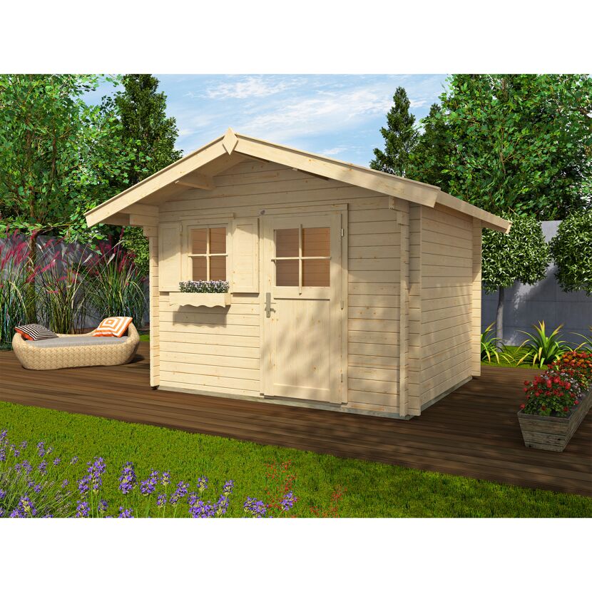 Gartenhaus aus Holz auf einer Terrasse.