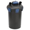 Schwarzer Druckfilter mit blauem Deckel und Anschlüssen