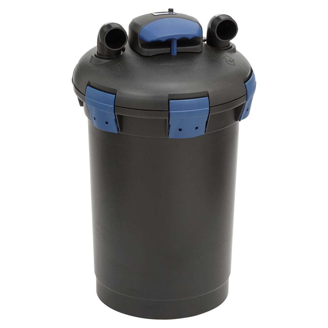 Schwarzer Druckfilter mit blauem Deckel und Anschlüssen