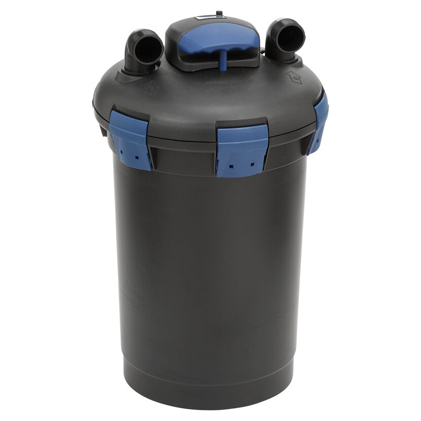 Schwarzer Druckfilter mit blauem Deckel und Anschlüssen