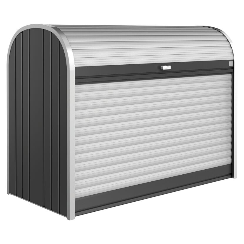 Grauer Metallschrank mit Rolltür