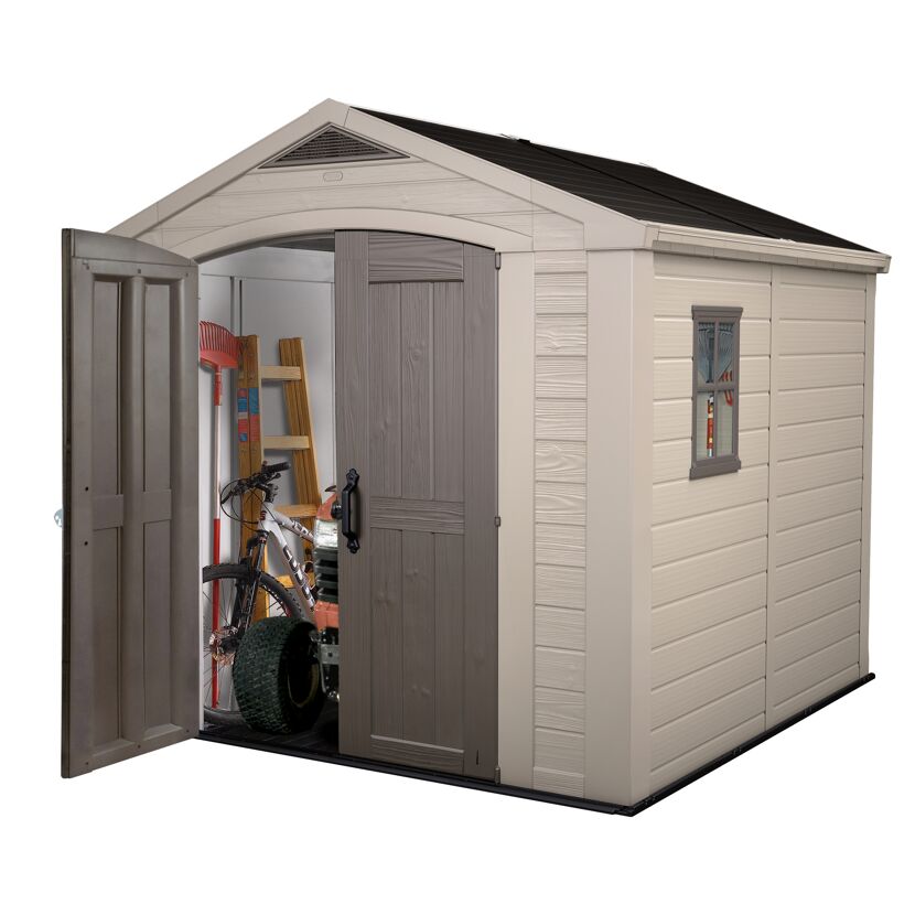 Gerätehaus Factor 8x8 mit Gartengeräten und Fahrrad