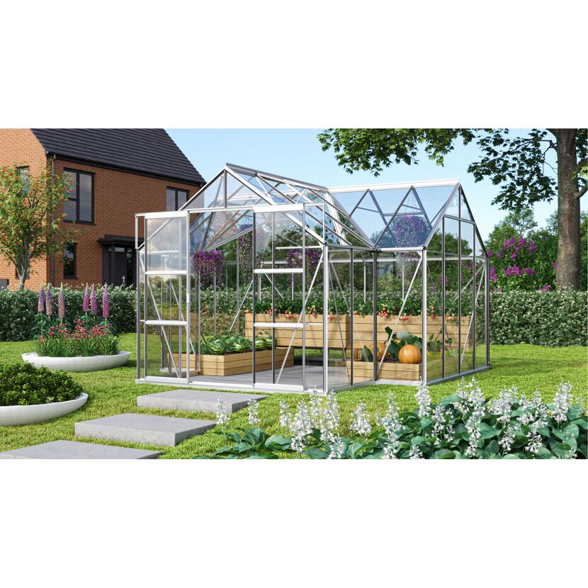 Gewächshaus Sirius im Garten mit Pflanzen