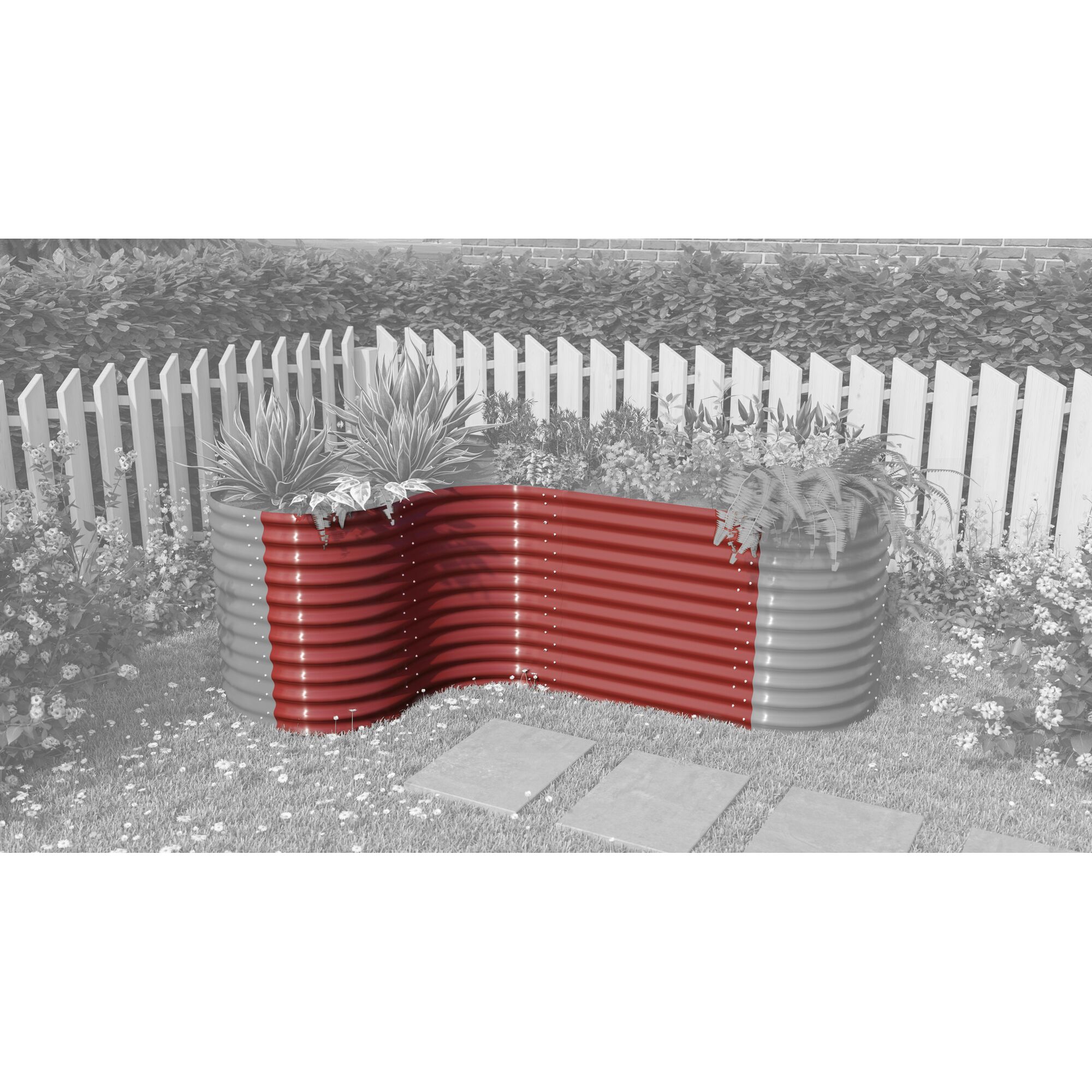 Gewelltes Hochbeet, ziegelrot, mit Pflanzen