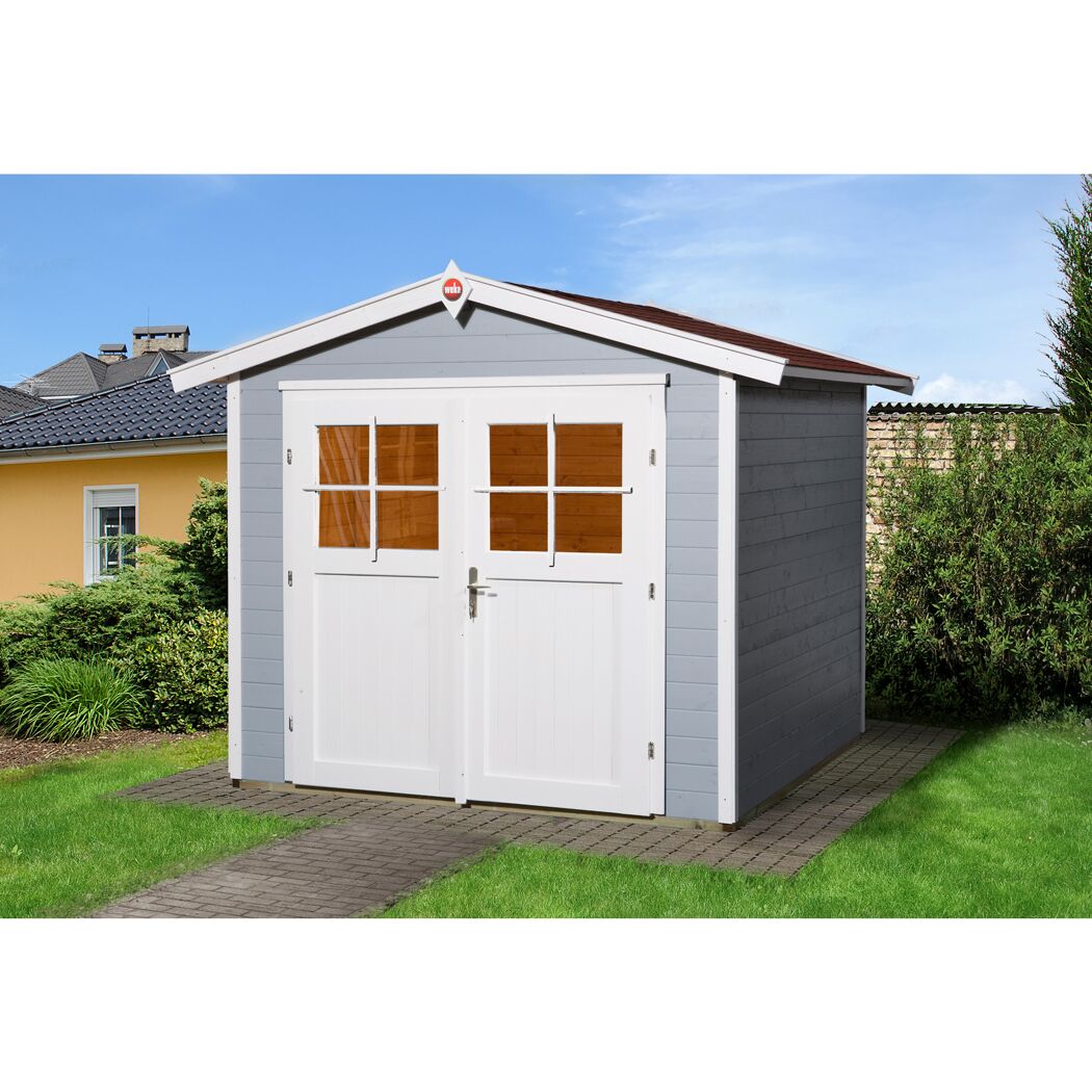Graues Gartenhaus mit weißen Türen von weka