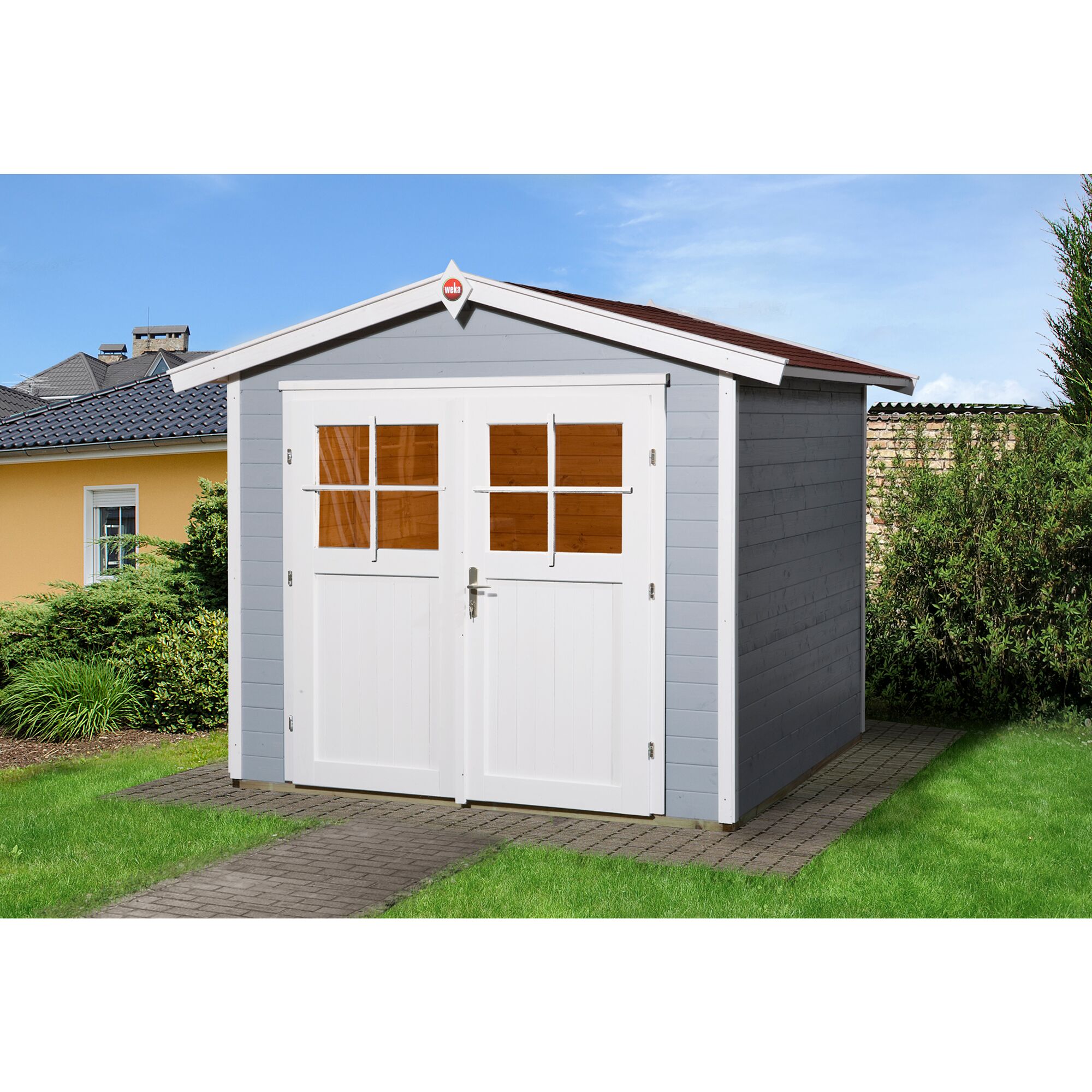 Graues Gartenhaus WEKA mit weißen Türen