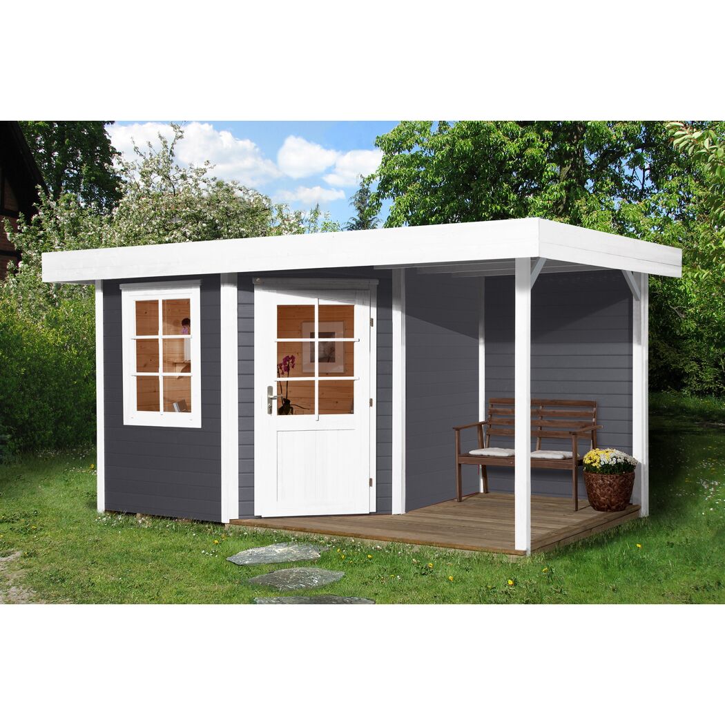 Gartenhaus mit überdachter Terrasse und Sitzbank