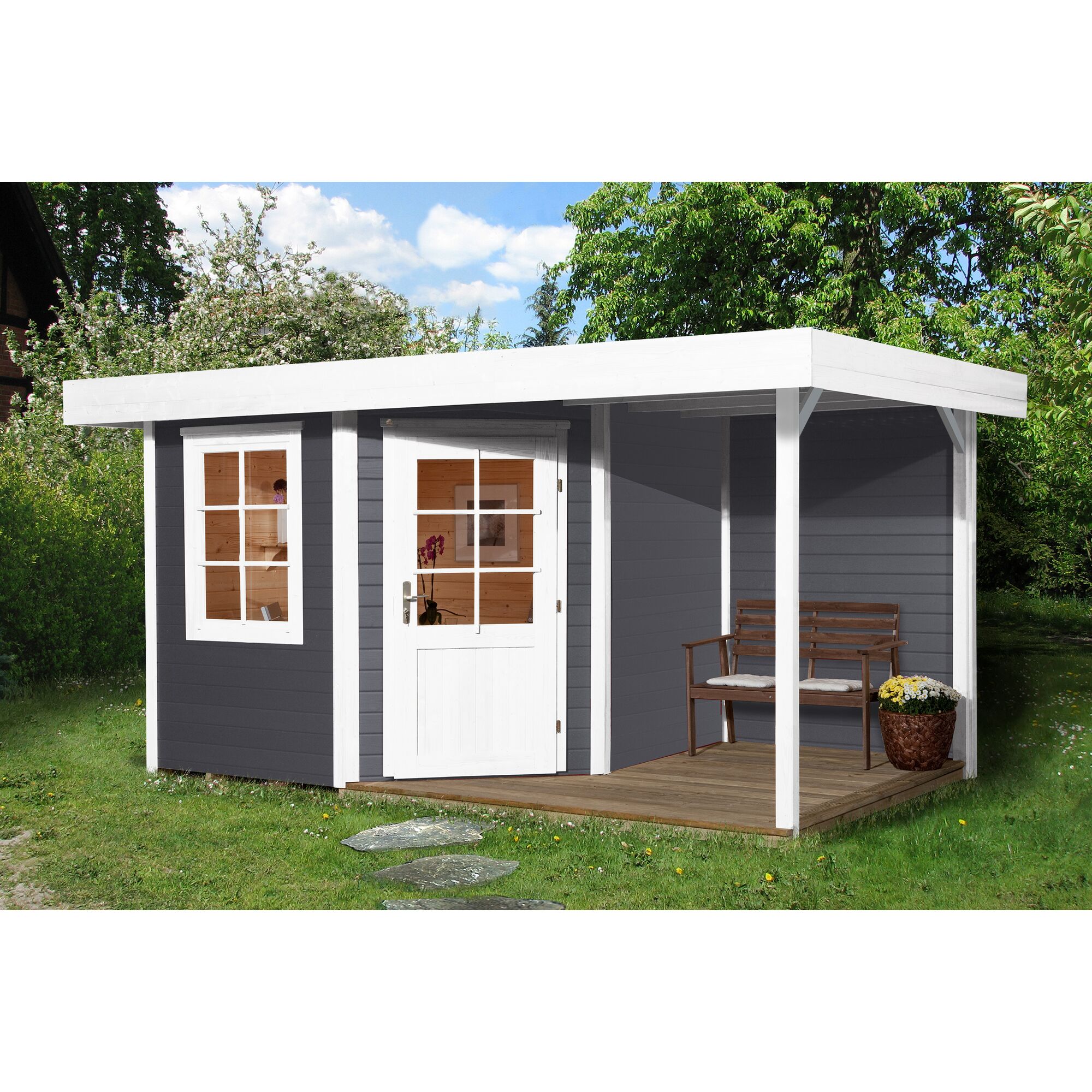 Gartenhaus mit überdachter Terrasse und Sitzbank