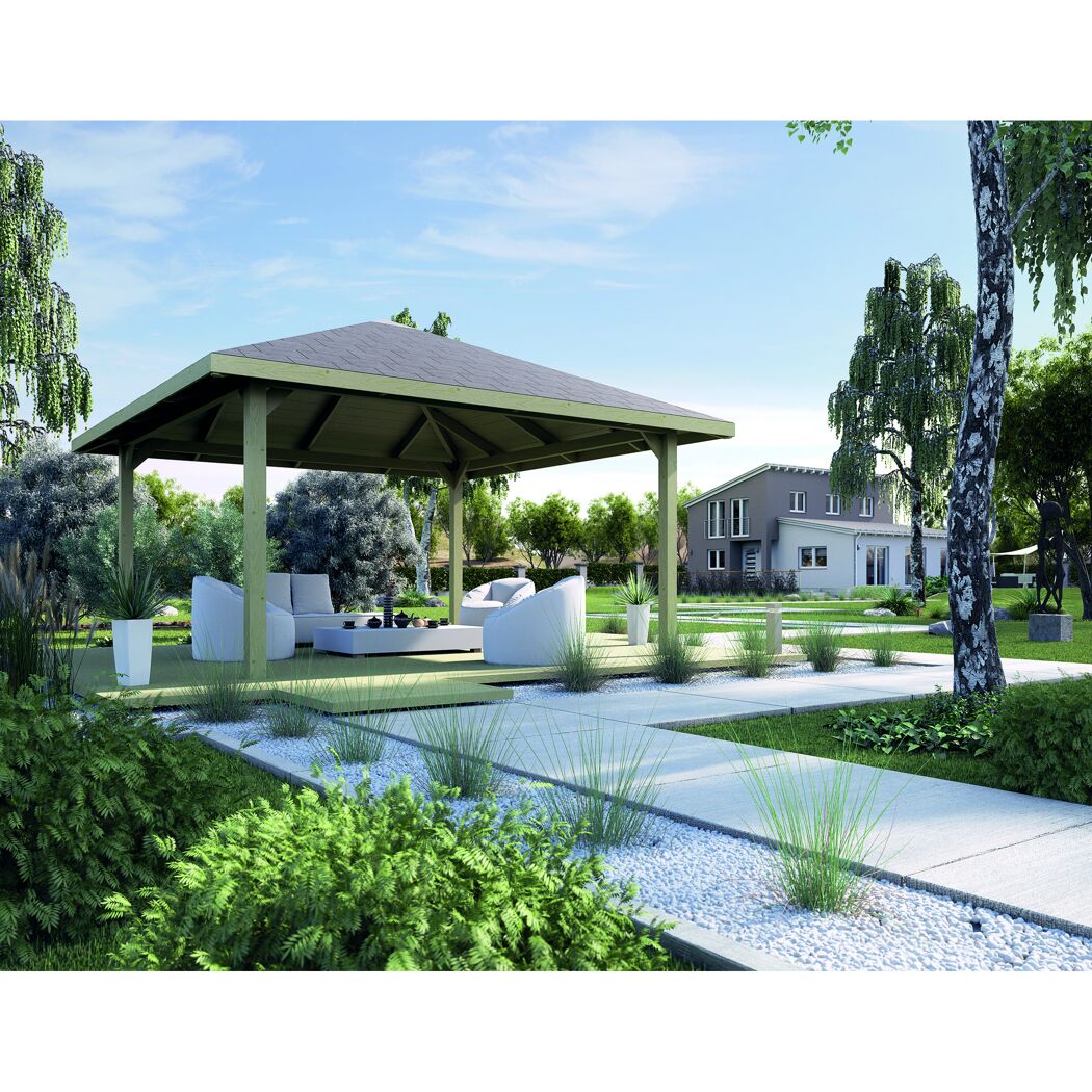 Pavillon mit Gartenmöbeln und Pflanzen
