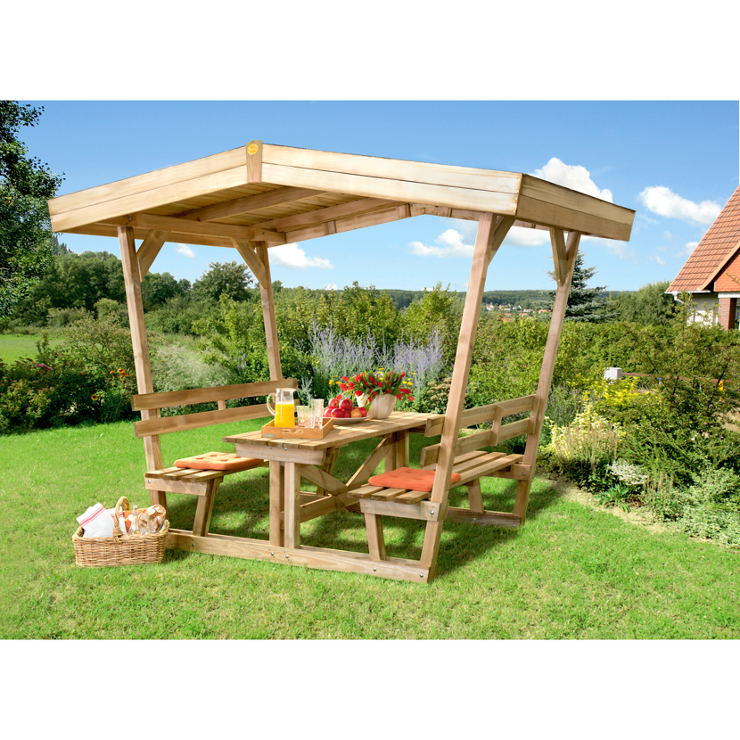 Holz Sitzgruppe mit Überdachung im Garten