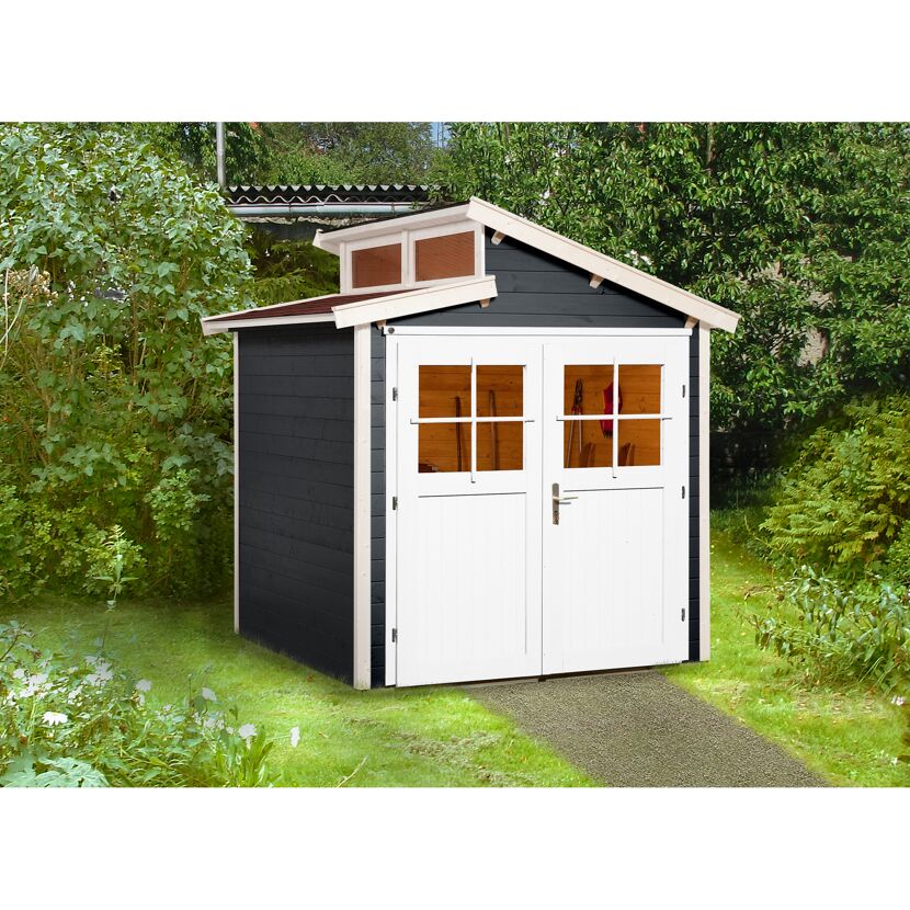Schwarzes Gartenhaus mit weißen Türen und Fenstern.